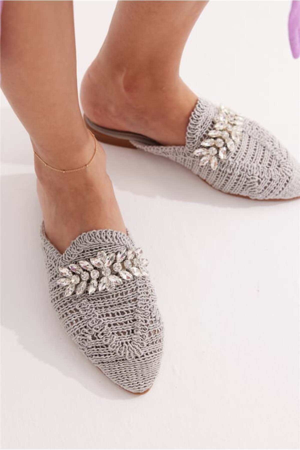 StWenn Gri Kadın Taşlı Terlik Önü Kapalı Hasır Dantel Örme Çeyiz Günlük Sandalet Babet Ayakkabı