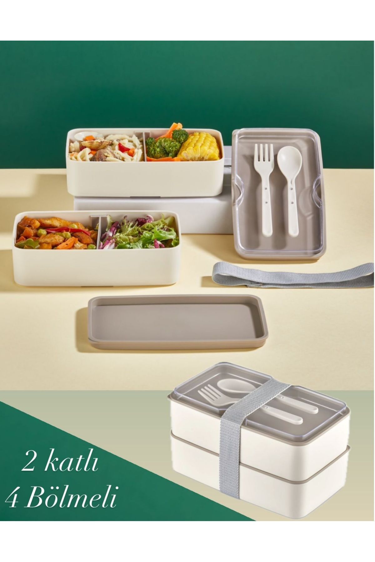 Bayev 2 Katlı Krem Çatal Kaşıklı Saklama Kabı 1003 Lunch Box - Beslenme Bölmeli Yemek Kutusu