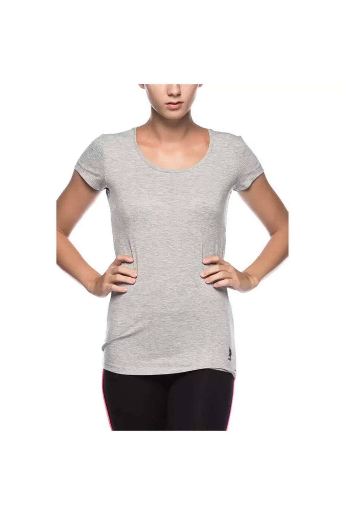 U.S. Polo Assn. Kadın Gri Melanj Derin Yuvarlak Yaka T-shirt 66003