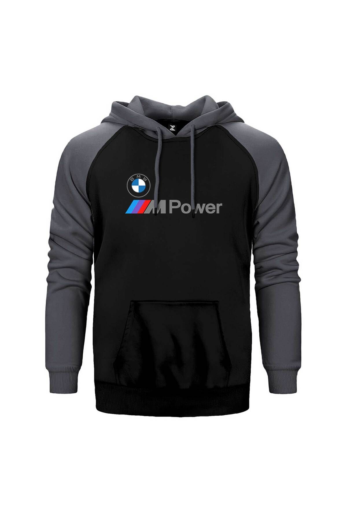 Z zepplin BMW Logo M Power Yazı Gri Renk Reglan Kol Kapşonlu Sweatshirt