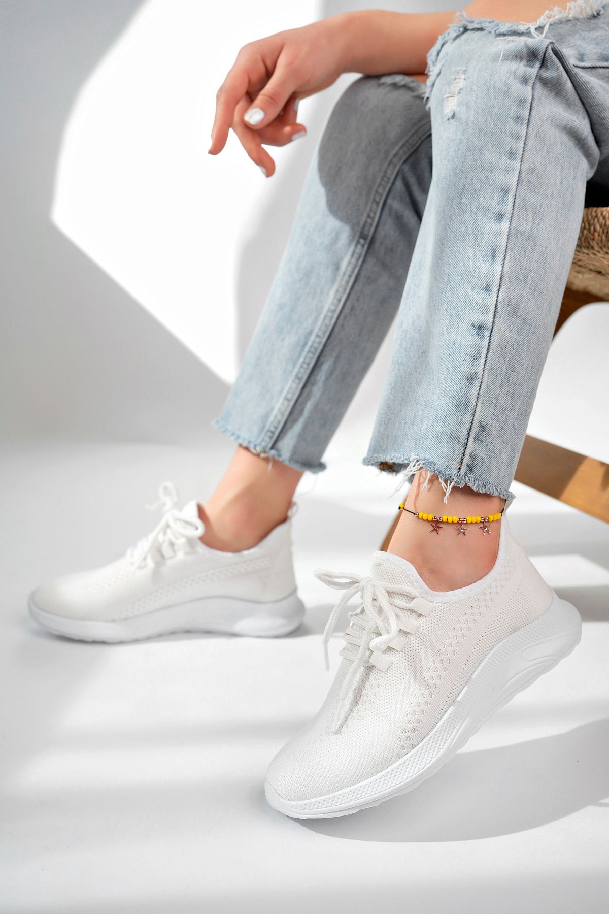 Moda Kadıköy Unisex Beyaz Günlük Snekears Faylon Taban  Triko Örme Hava Alan Koku Yapmaz Malzeme Spor Ayakkabı