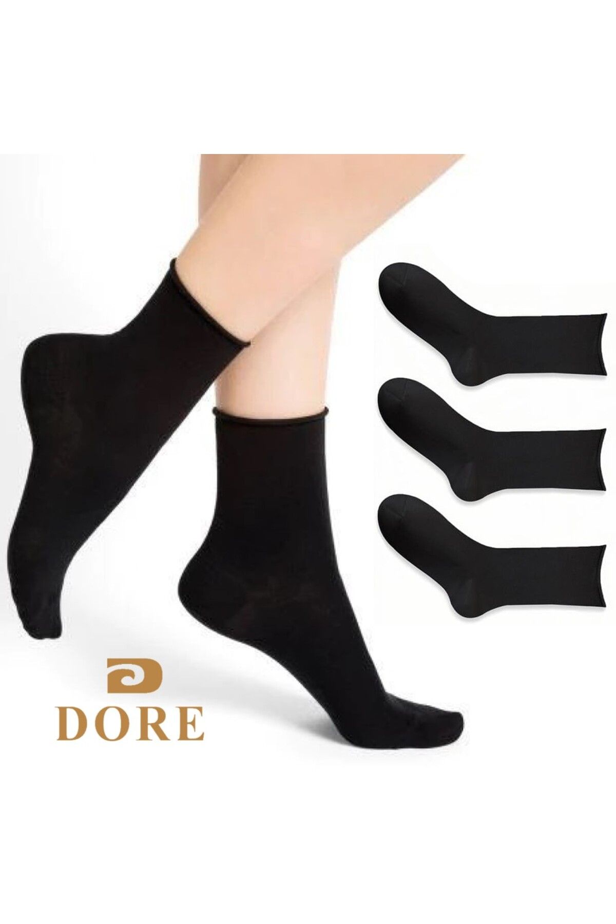 Dore Çorap 3'lü Paket Siyah Bambu Lastiksiz Dikişsiz Soket Çorap