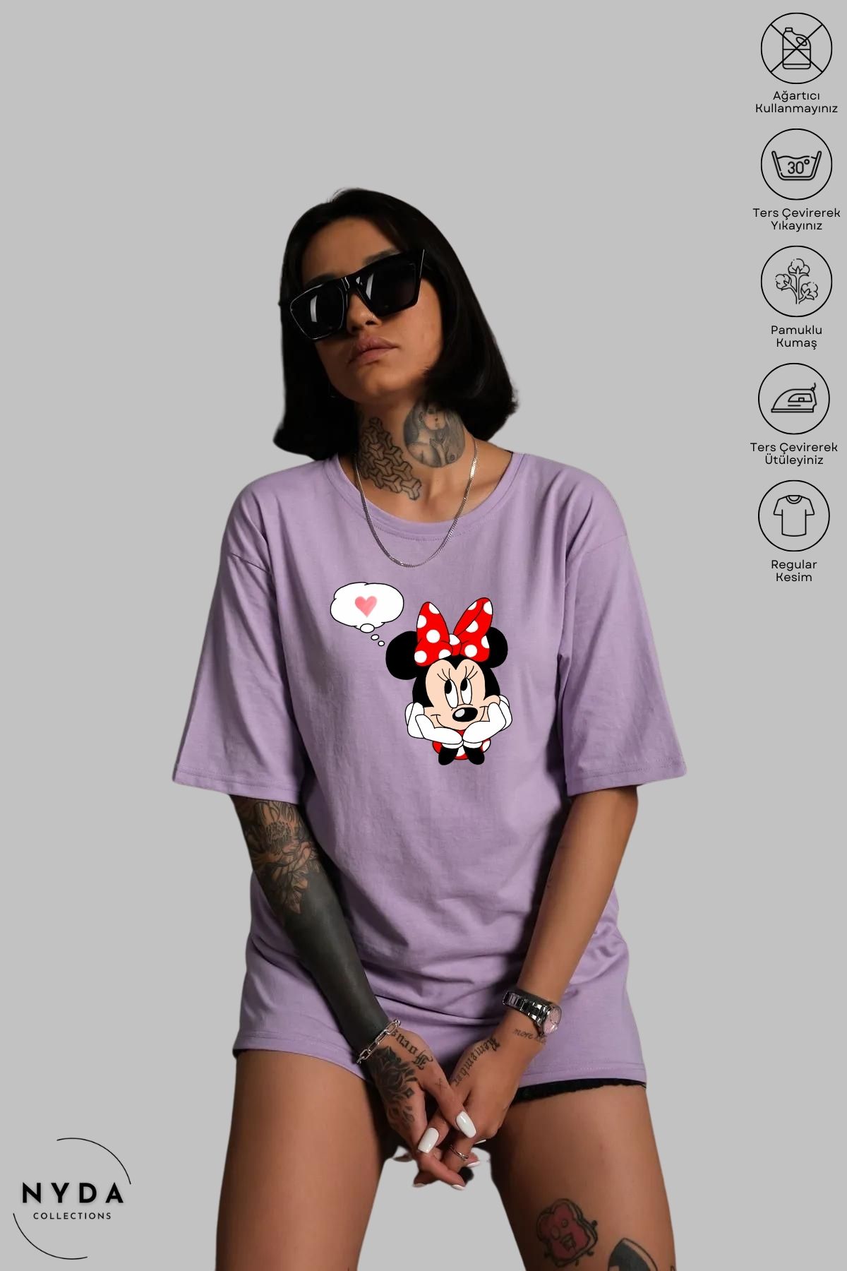 Nyda Collections Kadın Oversize Bisiklet Yaka Pamuk Mickey Mouse Baskılı Kısa Kollu Tişört
