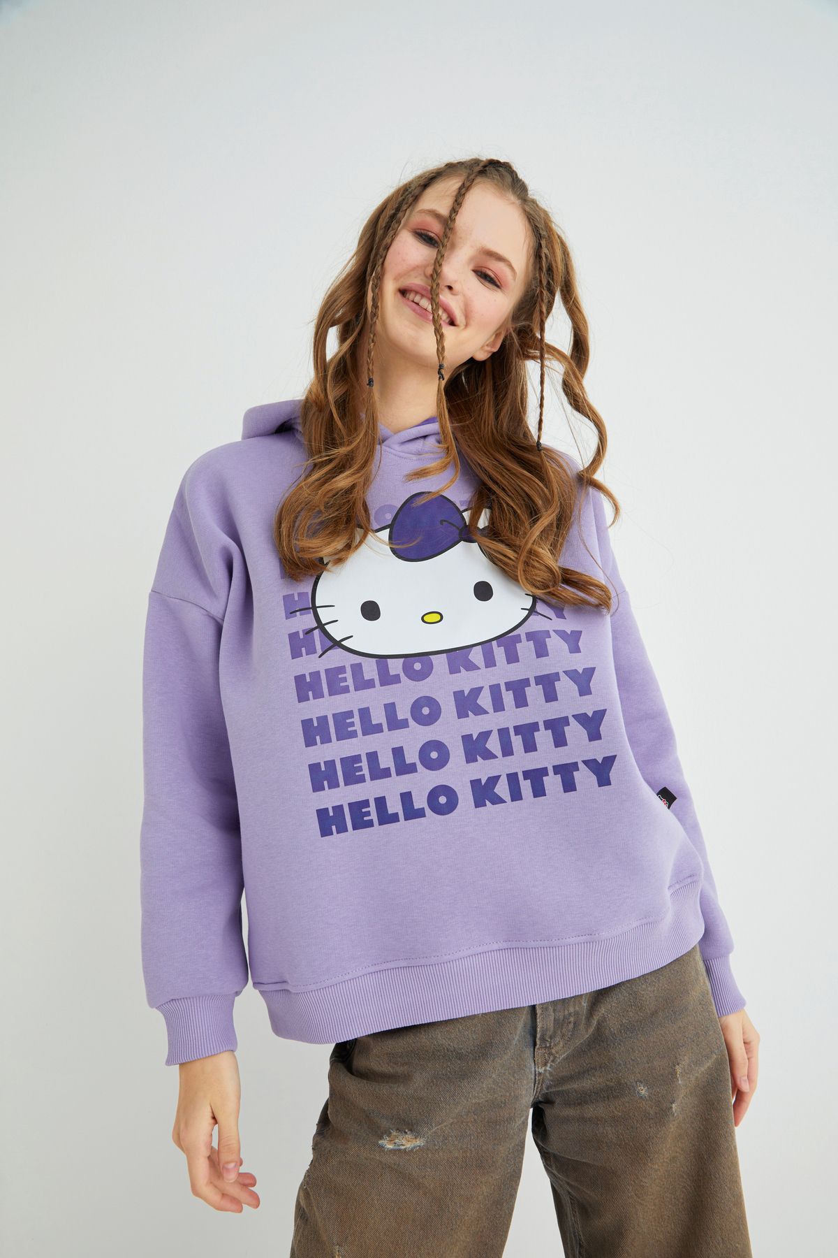 Hello Kitty Lisanslı Baskılı Kapüşonlu Kalın Oversize Fit Lila Sweatshirt Roz-94