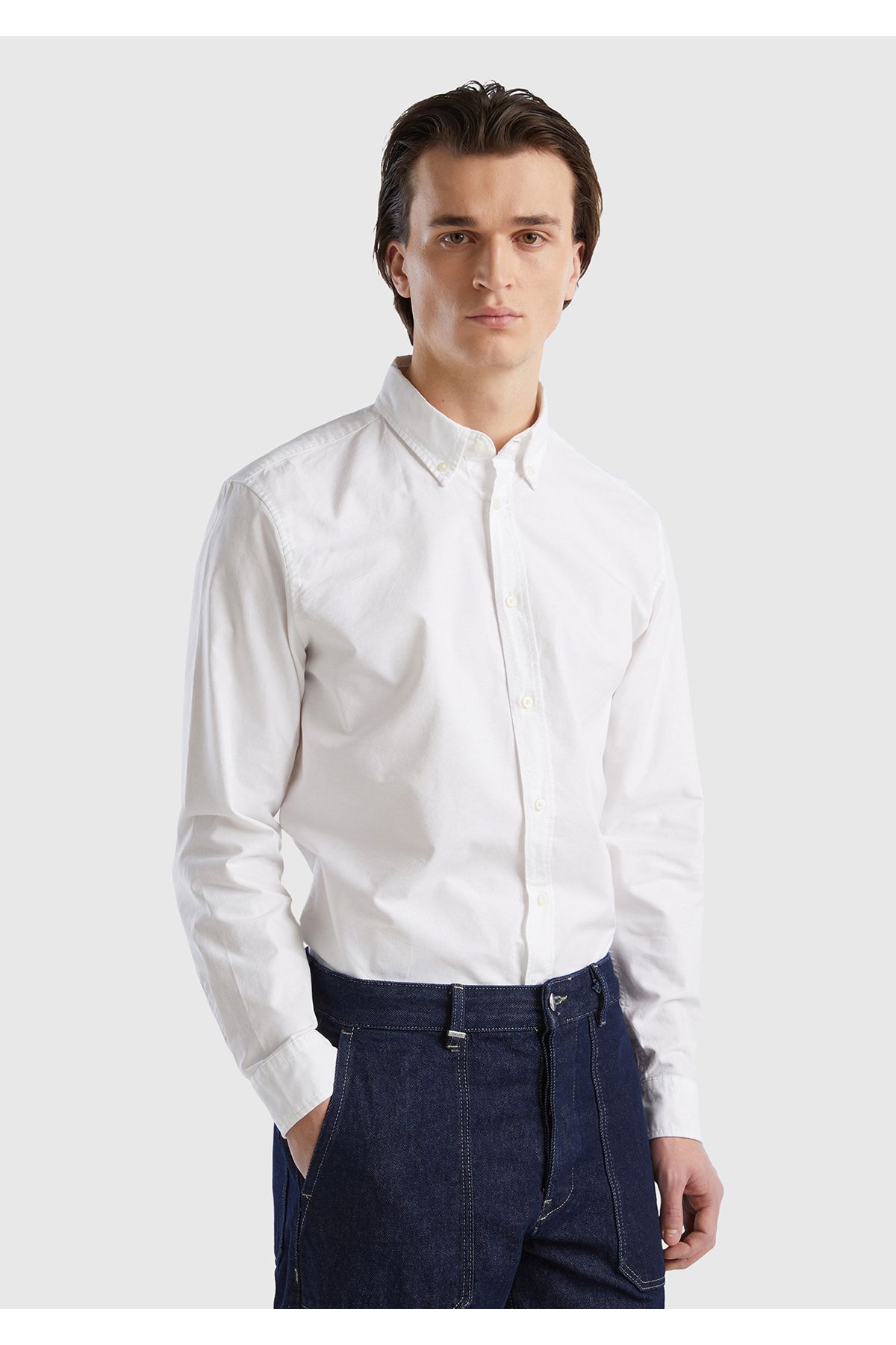 United Colors of Benetton Erkek Beyaz %100 Pamuk Arkası Robalı Slim Fit Gömlek