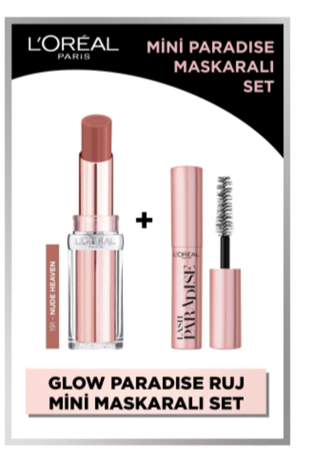 L'Oreal Paris Glow Paradise Balm-in-lipstick Işıltı Veren Ruj 191 Nude Heaven & Mini Paradise Maskara 4.7 Ml