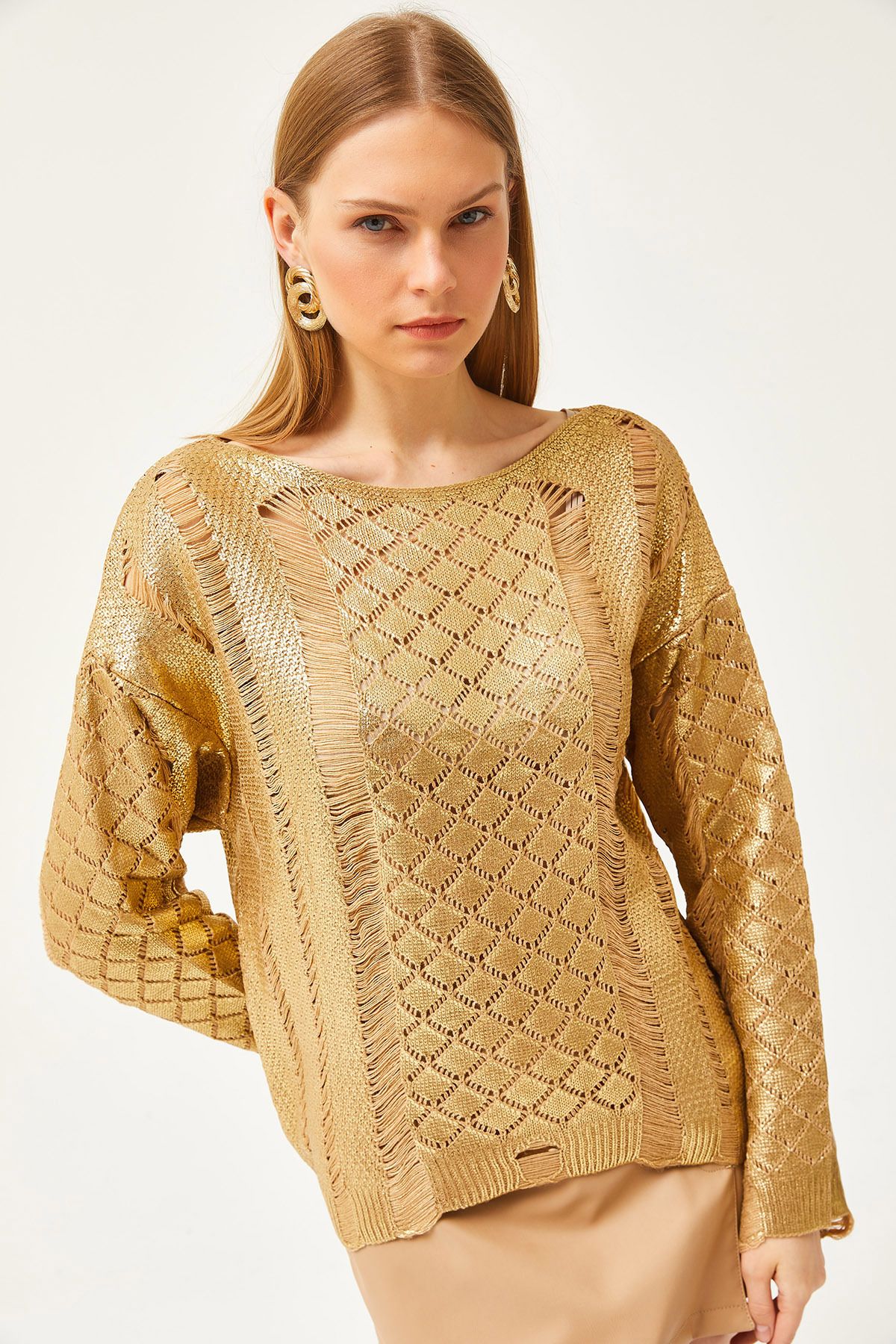 Olalook Kadın Altın Ajurlu Salaş Metalik Triko Bluz BLZ-19002529