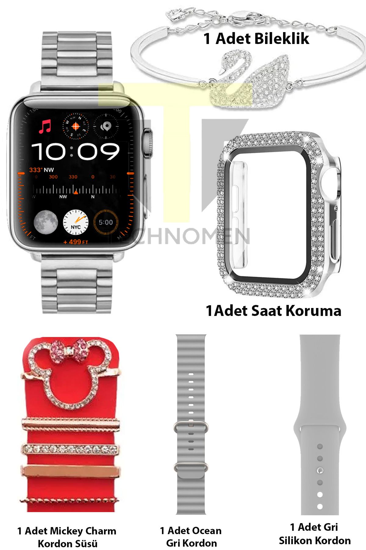 TECHNOMEN G9 Mini Plus Gümüş Smart Watch 41 mm 3 Kordon Mickey Charm Bileklik Hediyeli Akıllı Saat.