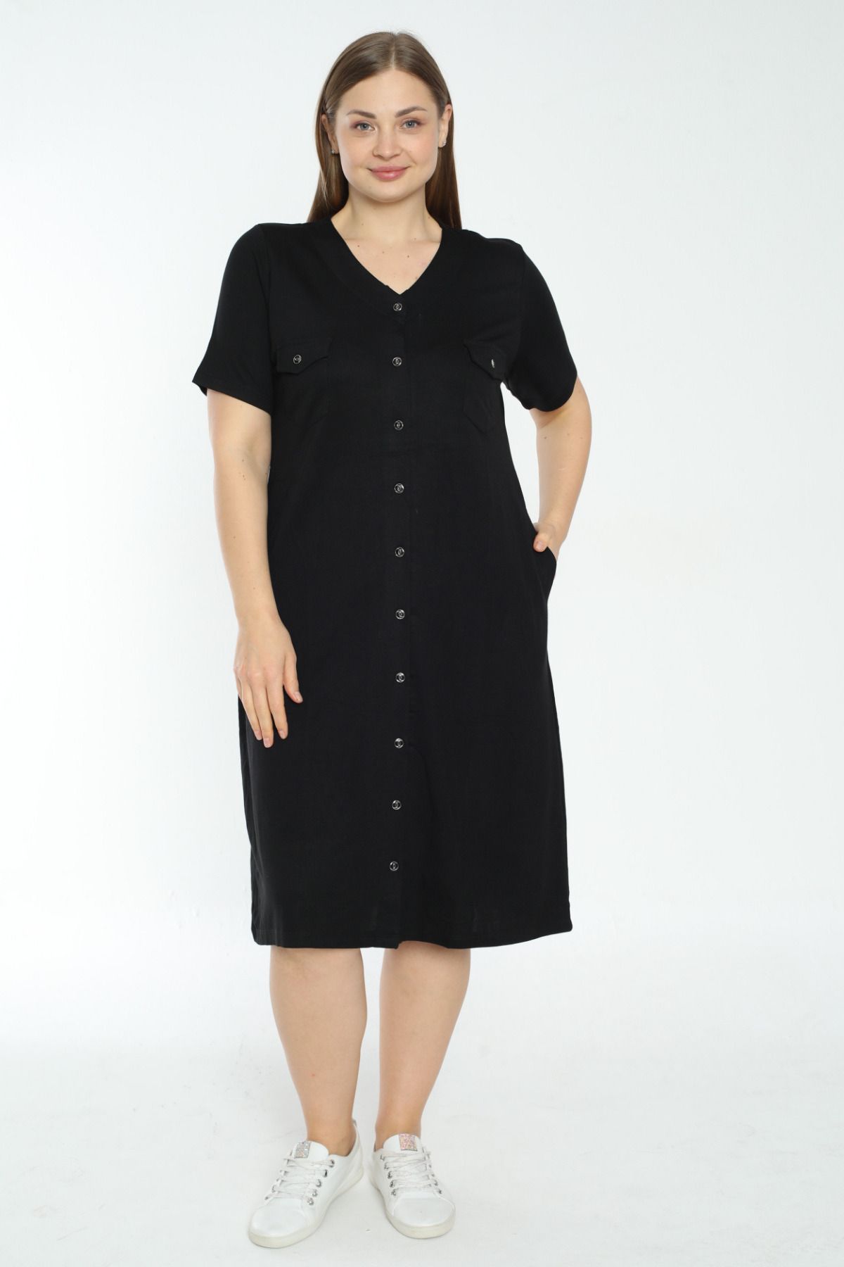 İntensive kadın siyah iki iplik kısa kollu büyük beden elbise