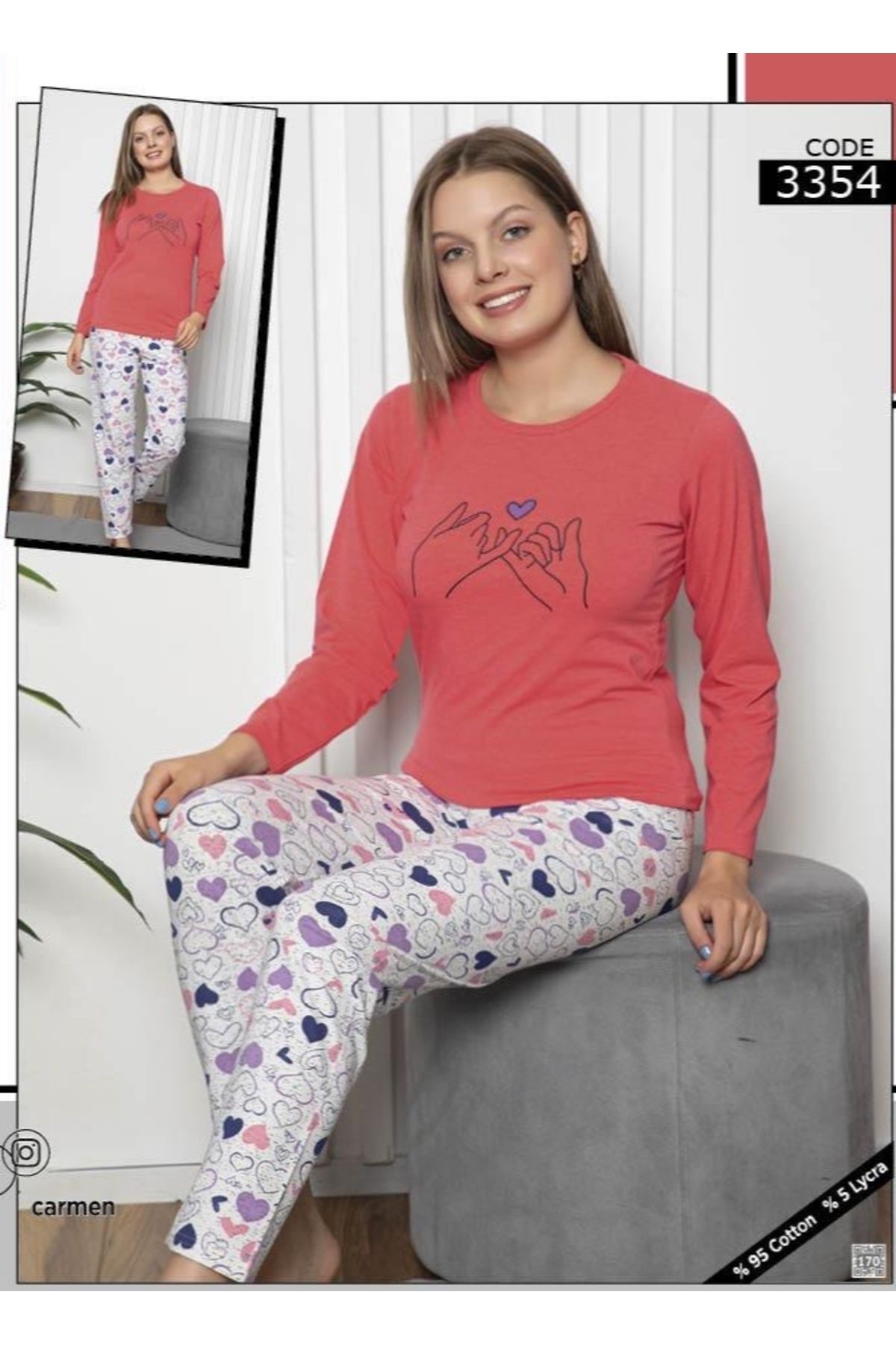 CARMEN Kırmızı Gri Renk Kadın Penye Pamuk Pijama Takımı