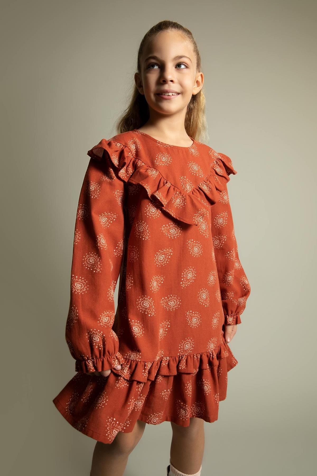 Defacto Kız Çocuk Desenli Uzun Kollu Pamuklu Elbise