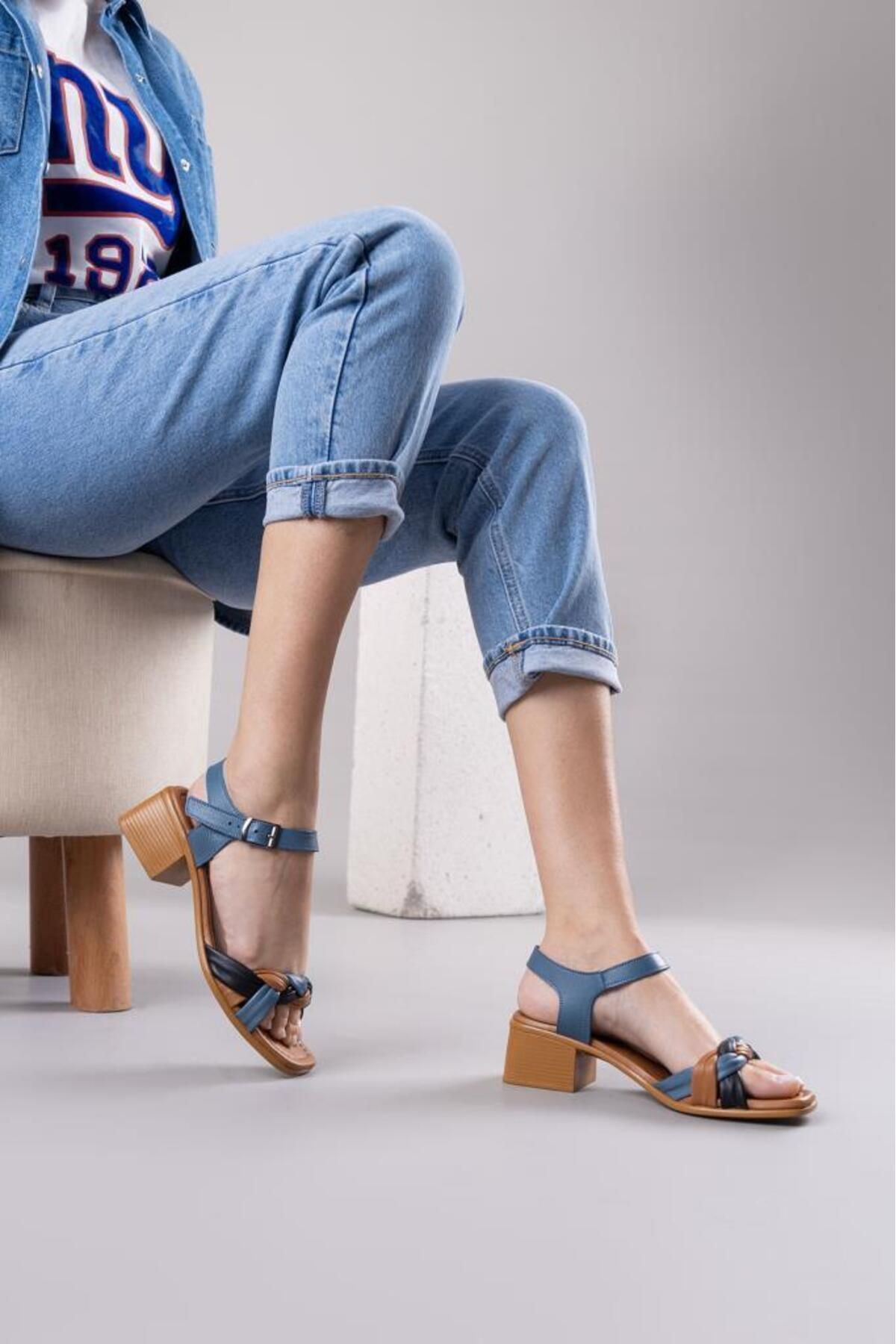 Getcho Folit Mavi Hakiki Deri Kadın Topuklu Ayakkabı