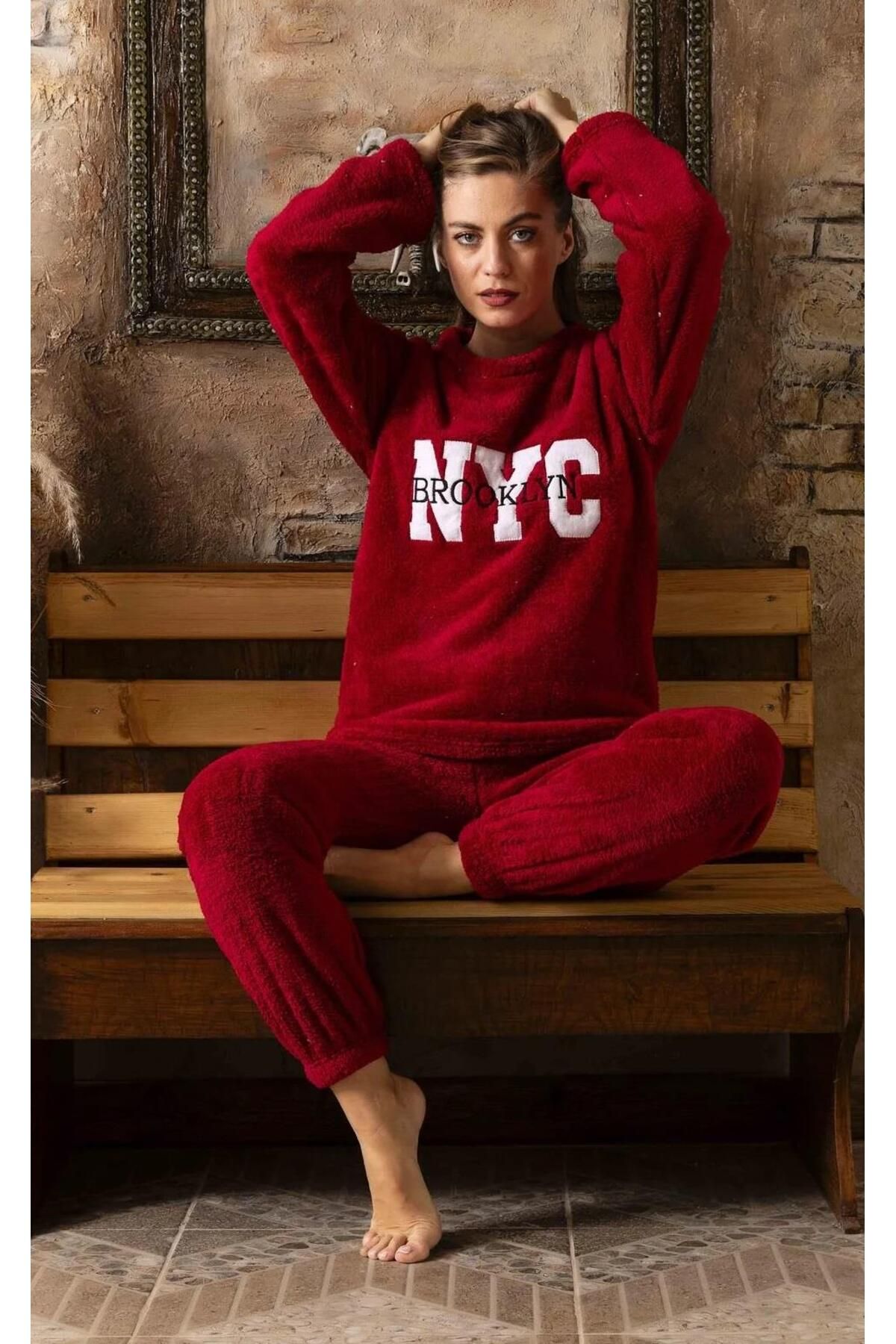 CALİA Kadın Sıfır Yaka Havlu Velsoft Pijama Takımı Peluşlu Kışlık