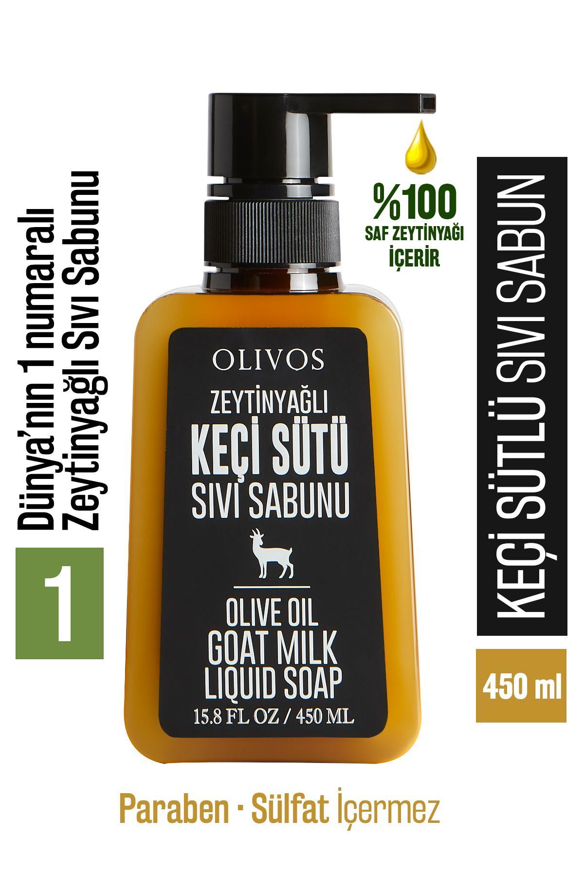 Olivos %100 Doğal Zeytinyağlı Keçi Sütlü Sıvı El Sabun Yoğun Nemlendirici Arındırıcı Bitkisel 450 Ml