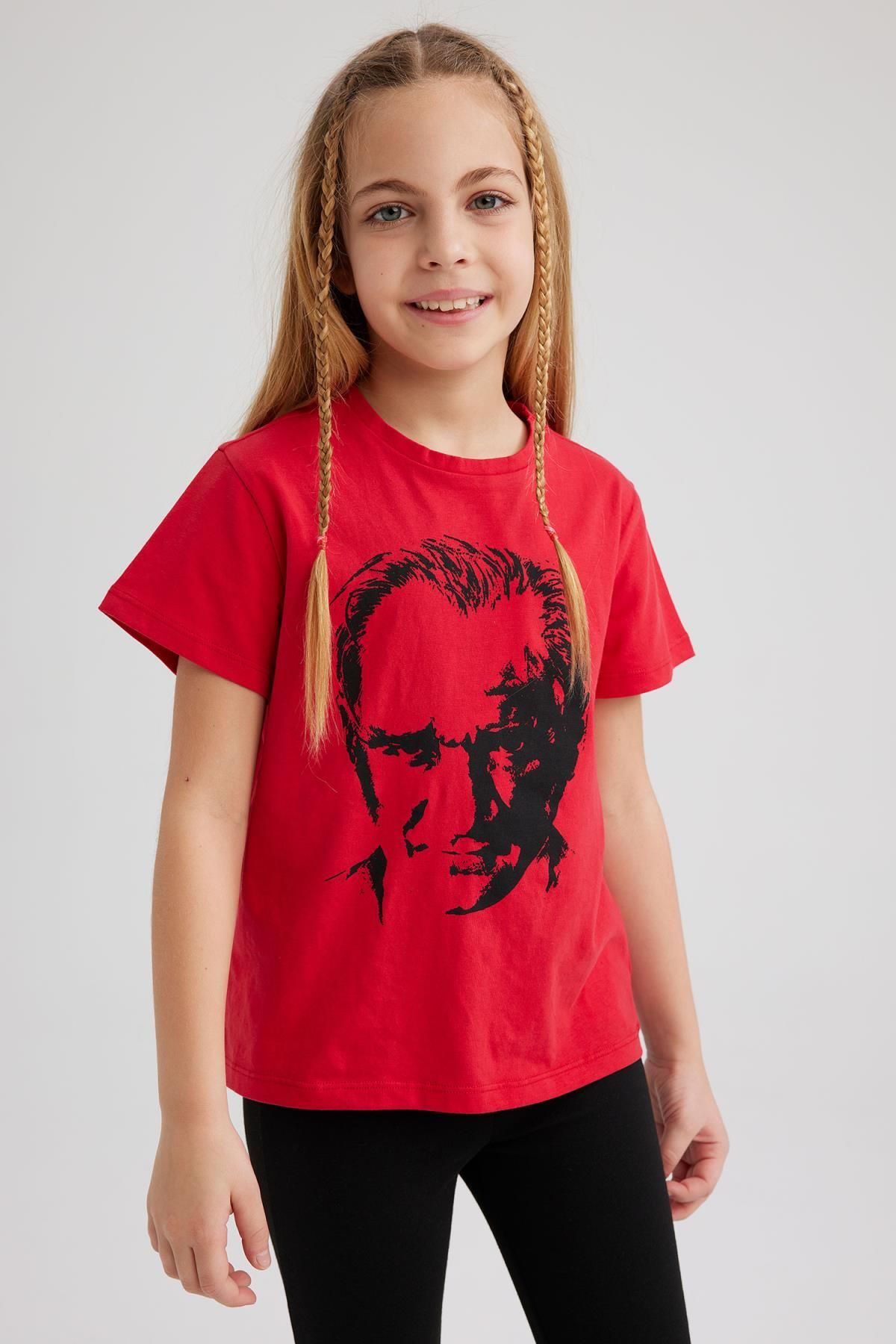 Defacto Kız Çocuk Atatürk Baskılı Kısa Kollu Kırmızı Tişört Z5093a623sm