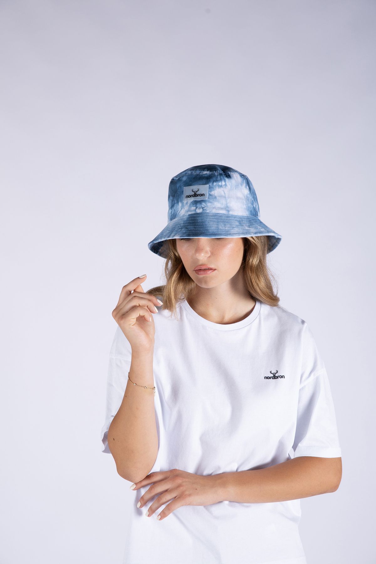 Nordbron %100 Pamuk Unisex Mavi Batik Desenli Kova Bucket Şapka Astarsız Ter Bantlı Detaylı Logolu Spor
