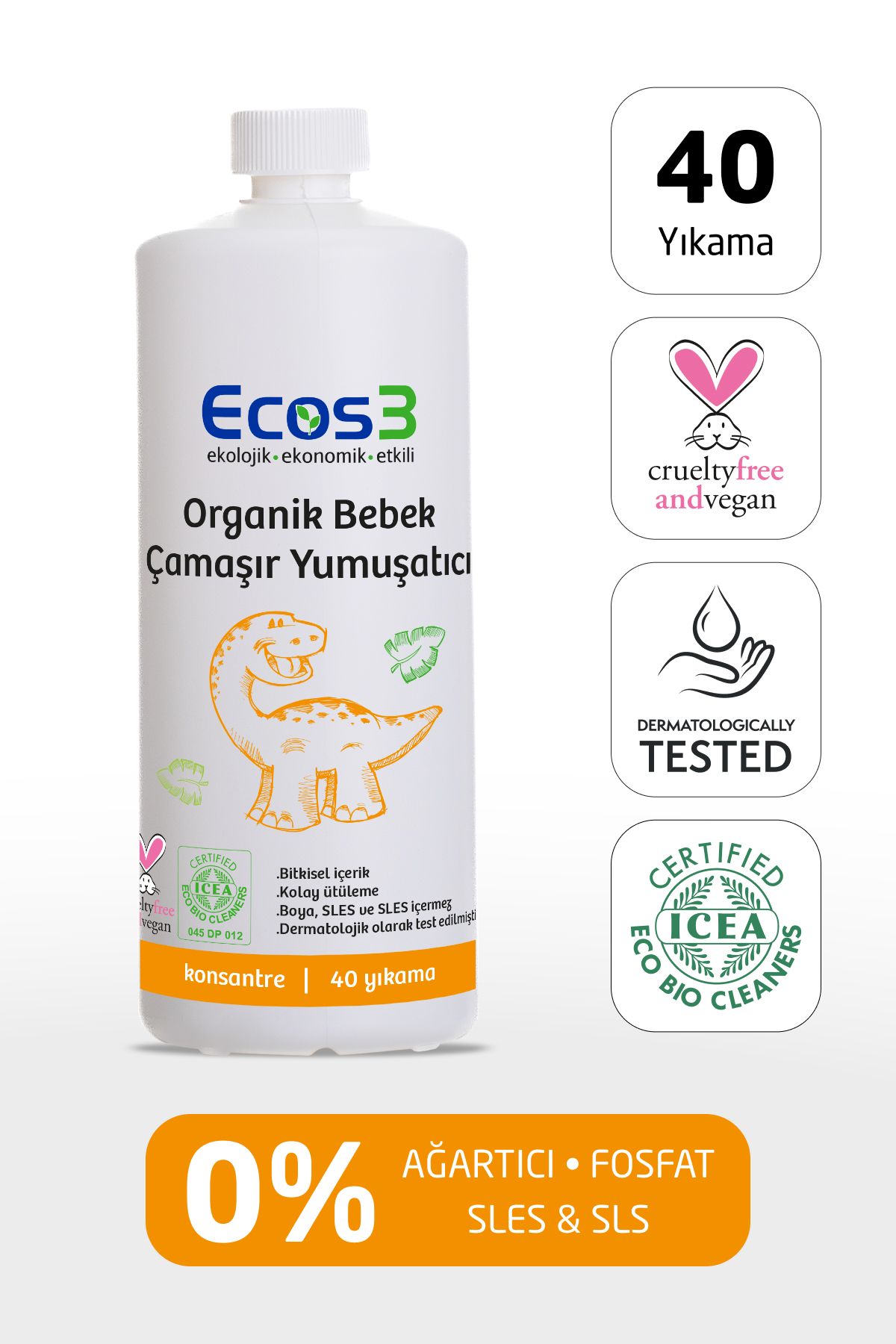 Ecos3 Bebek Çamaşır Yumuşatıcı, Organik & Vegan Sertifikalı, Ekolojik, Extra Konsantre, 40 Yıkama, 1000 ml
