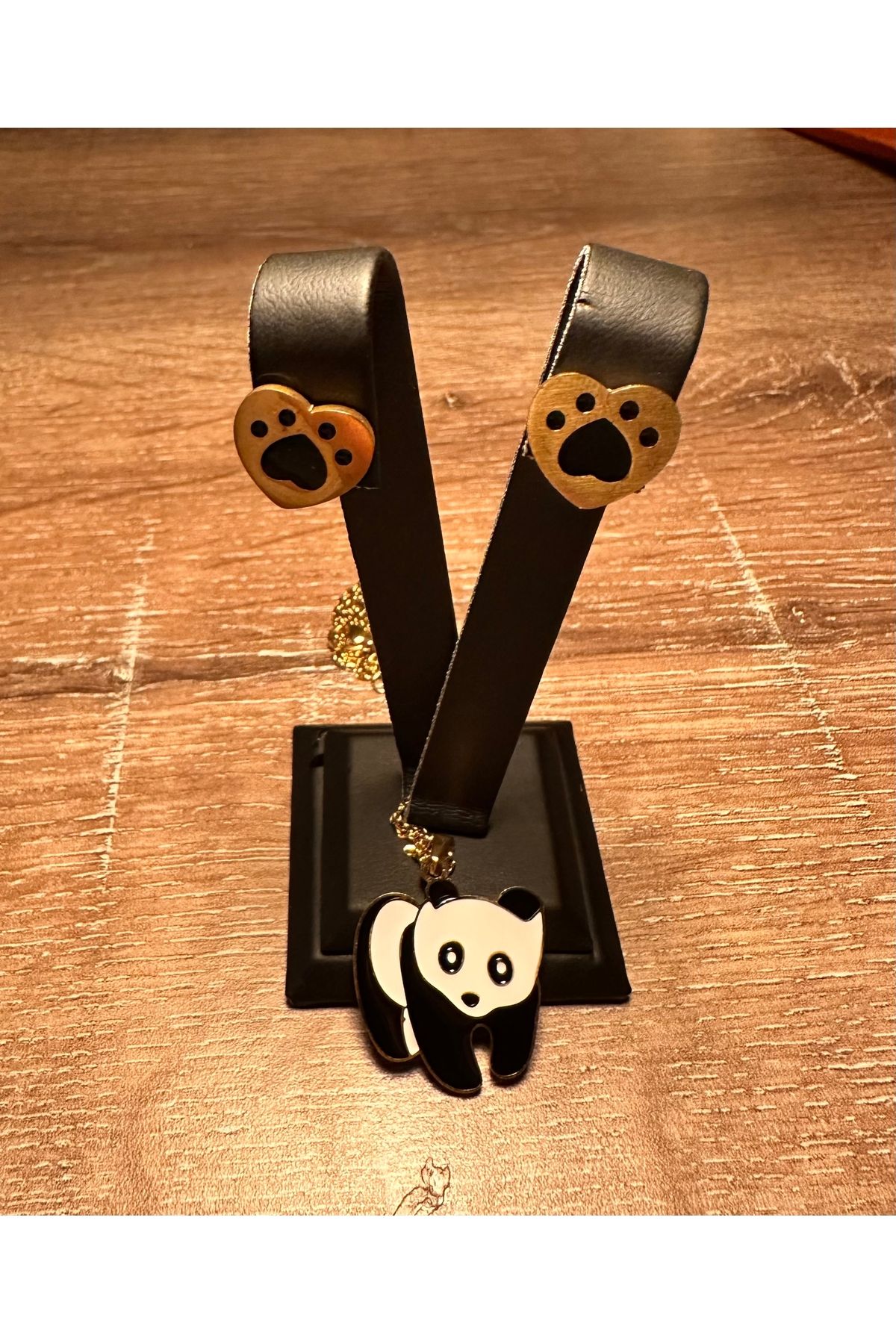 MyOii Kız Çocuk Pandalı Gold Antialerjik Çelik Kolye Küpe Seti