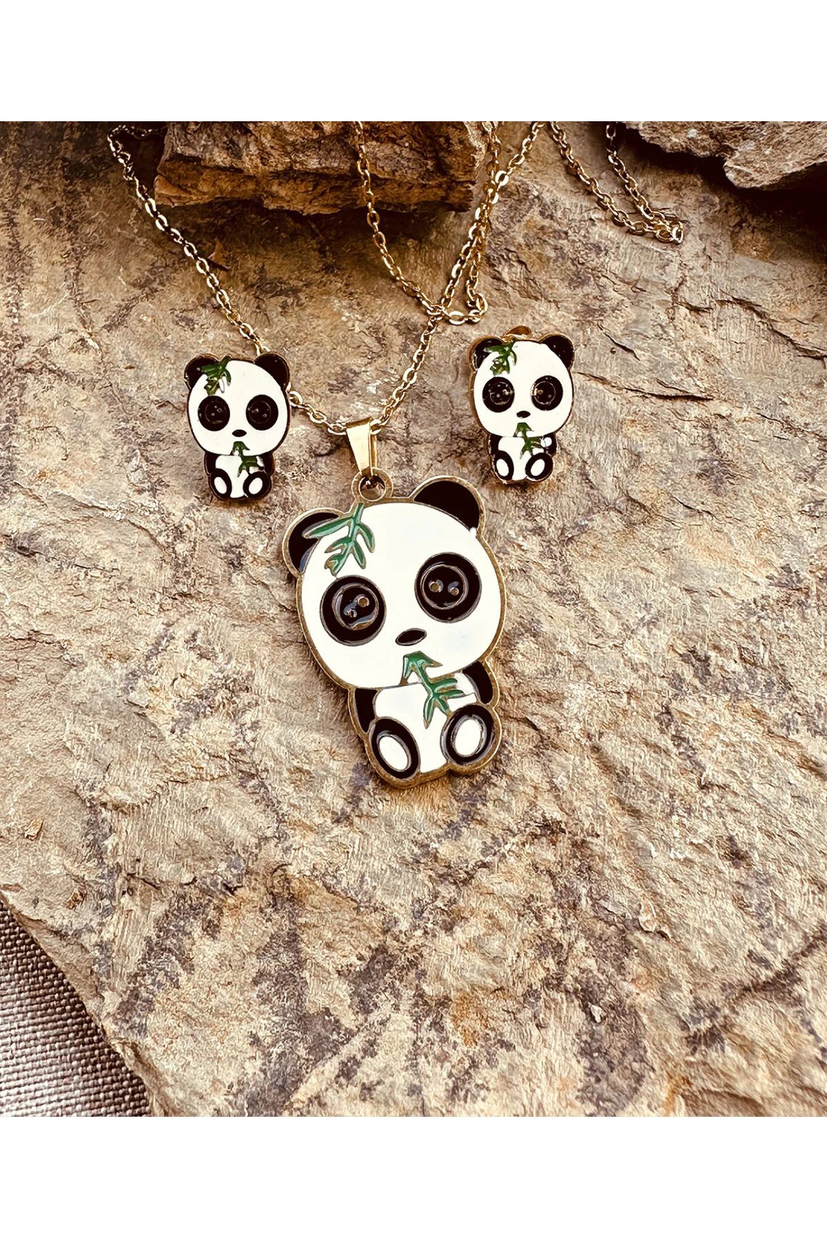 MyOii Şaşkın Panda Alerji Yapmaz Silver Çelik Kız Çocuk Kolye Küpe Seti