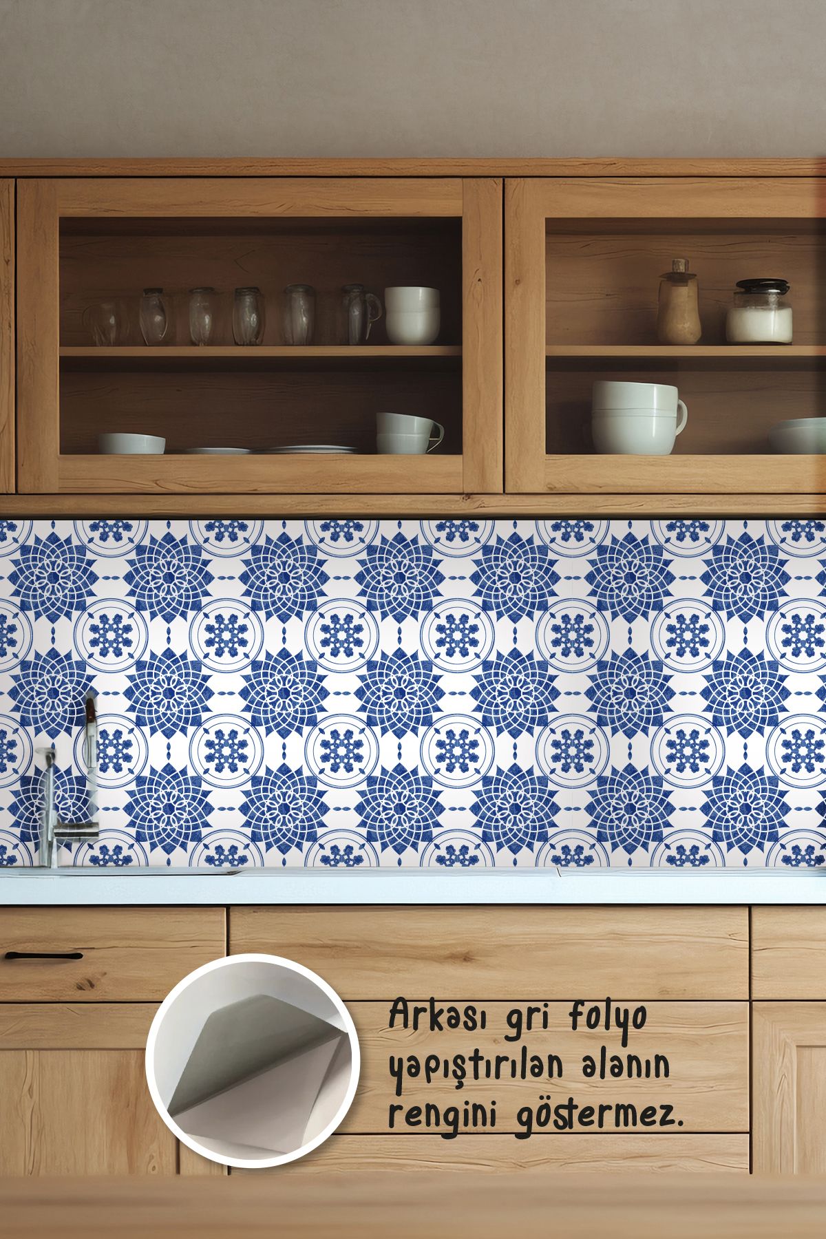 Tooall Mutfak Tezgah Arası Açık Mavi Desenli Folyo Kaplama Sticker, Uv Baskı, 100x50 cm