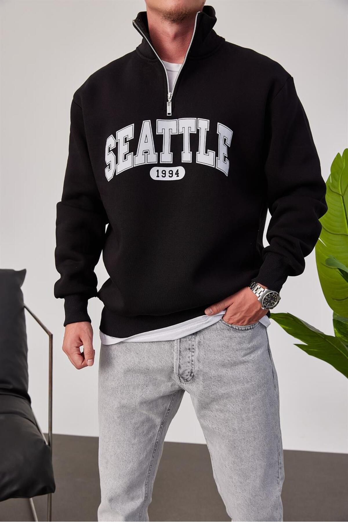 NOMARC Seattle Yakası Fermuarlı Siyah Sweatshirt