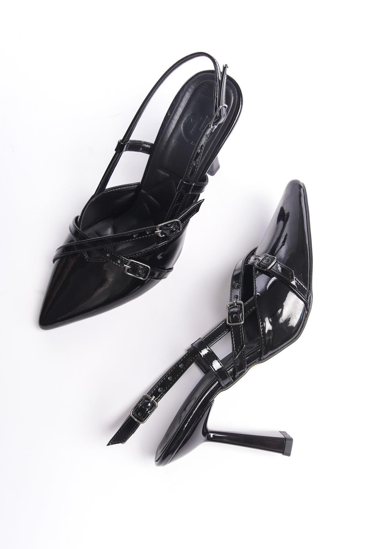 Modabuymus İkpar Mary Jane Siyah Rugan Çapraz İki Bantlı Stiletto Yüksek Topuklu Ayakkabı