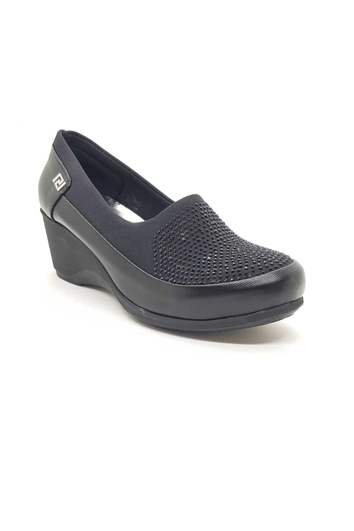 Neco dolgu topuk anne ayakkabısı taş detaylı streç üst malzeme hafif poli taban 5cm topuk boyu