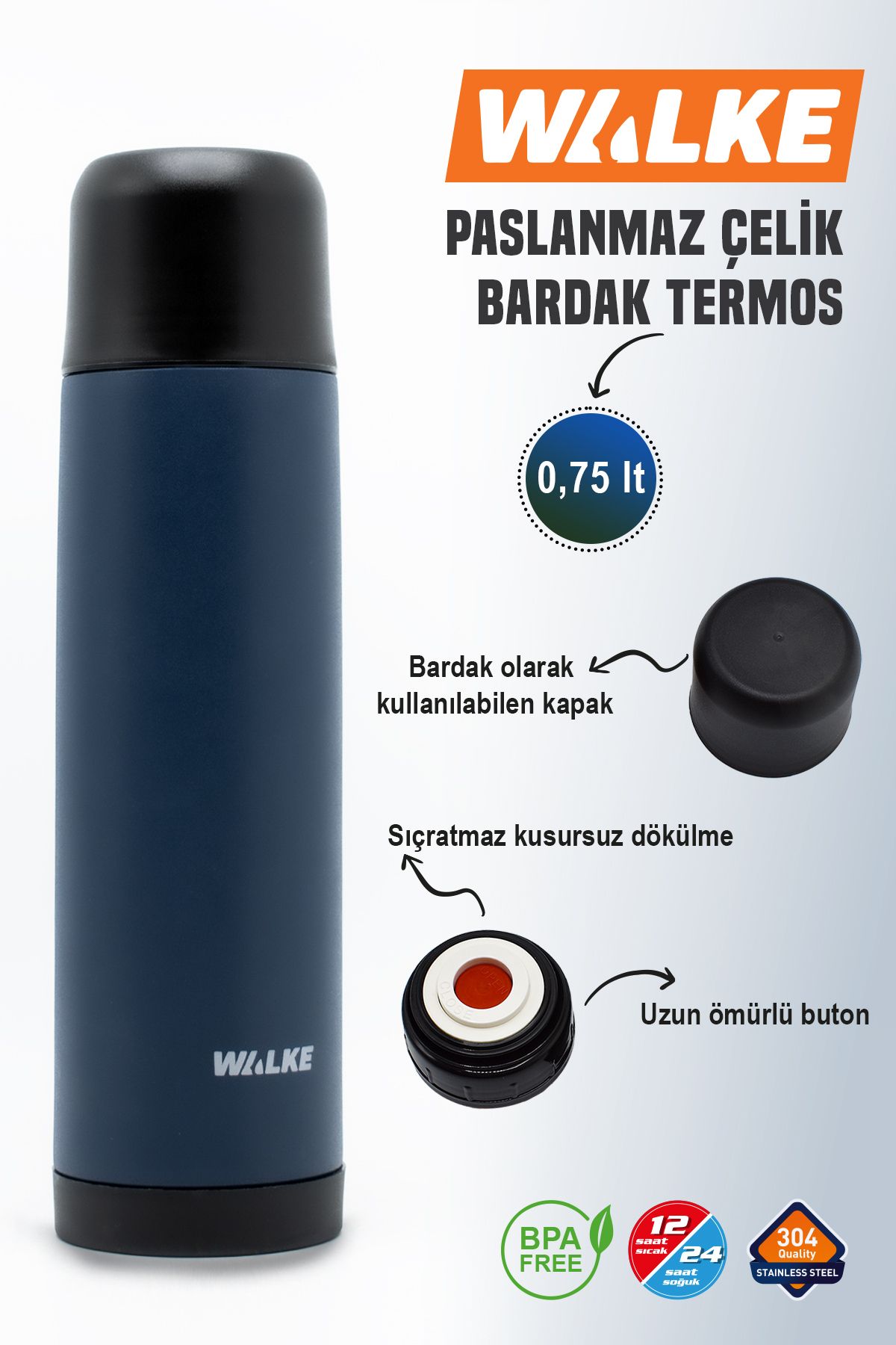 Walke Premium 750 ml Çift Katmanlı Paslanmaz Çelik Termos Bardaklı 0,75 ml