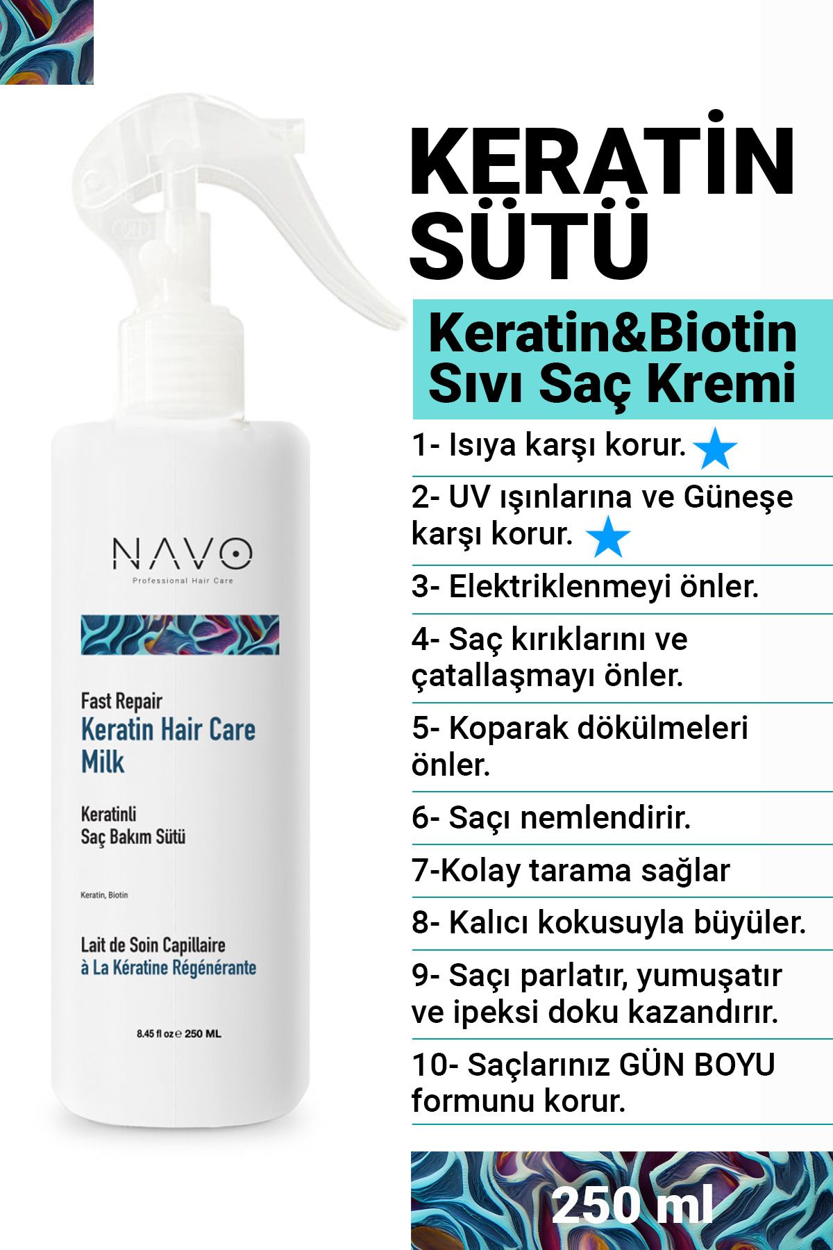 NAVO PROFESSIONAL HAIR CARE Keratin Biotin Hızlı Onarıcı Ve Dökülme Önleyici Saç Bakım Sütü / Sıvı Saç Kremi 250ml