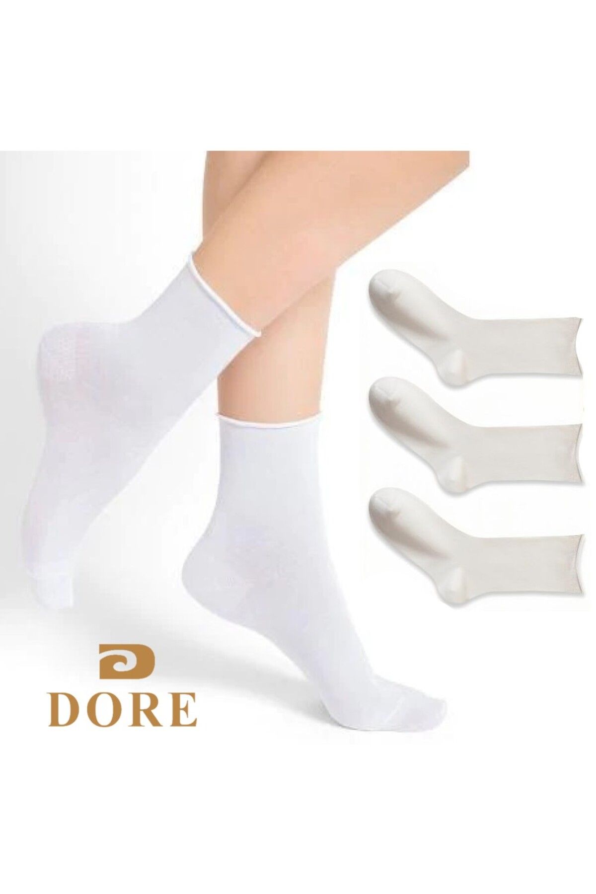 Dore Çorap 3'lü Paket Beyaz Bambu Lastiksiz Dikişsiz Soket Çorap