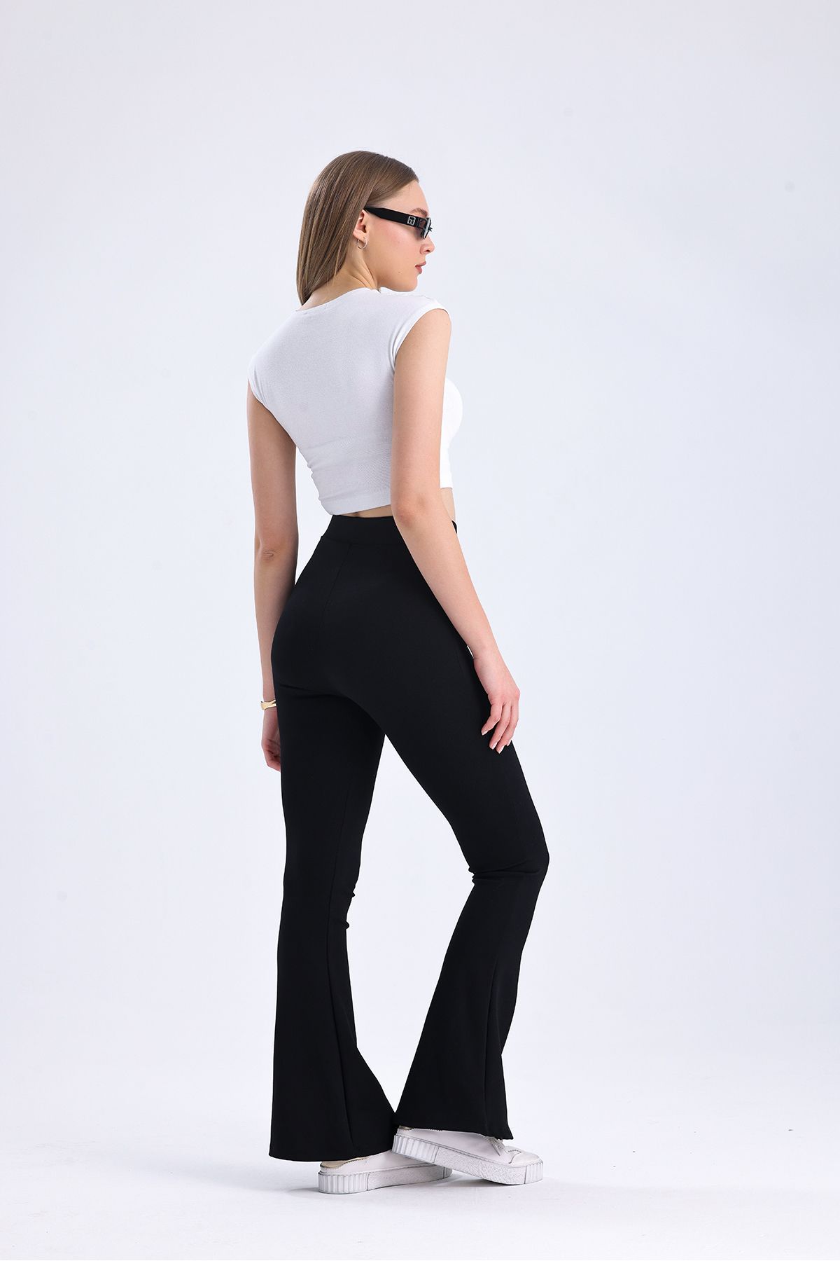 VOSSAX Kadın Siyah Yüksek Bel Çelik Örme Ispanyol Paça Pantolon Likralı Beli Lastikli Toparlayıcı Tayt