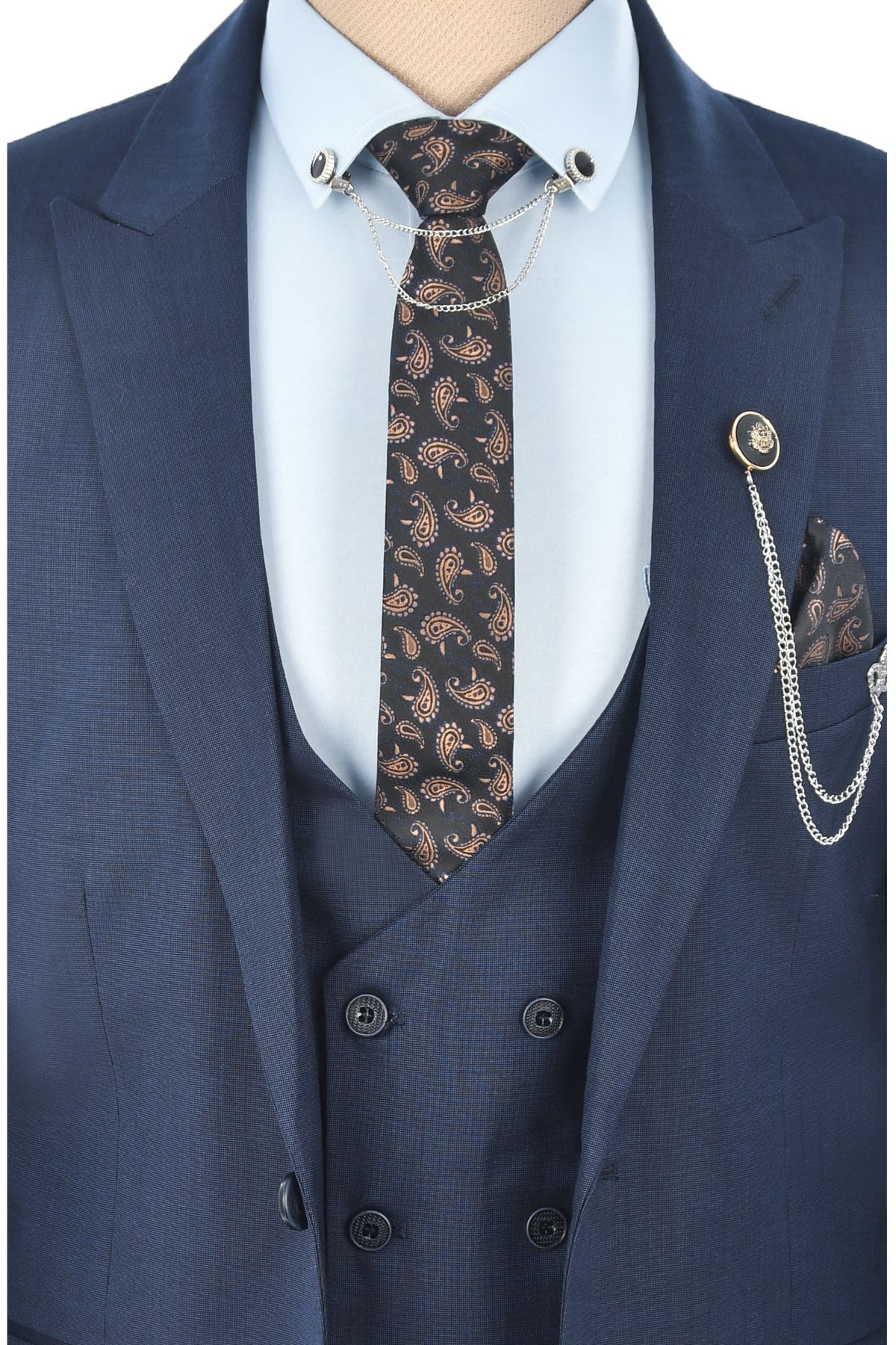 DeepSea Erkek Lacivert Tek Düğme Çift Yırtmaç Slim Fit 3lü Takım Elbise 2300530