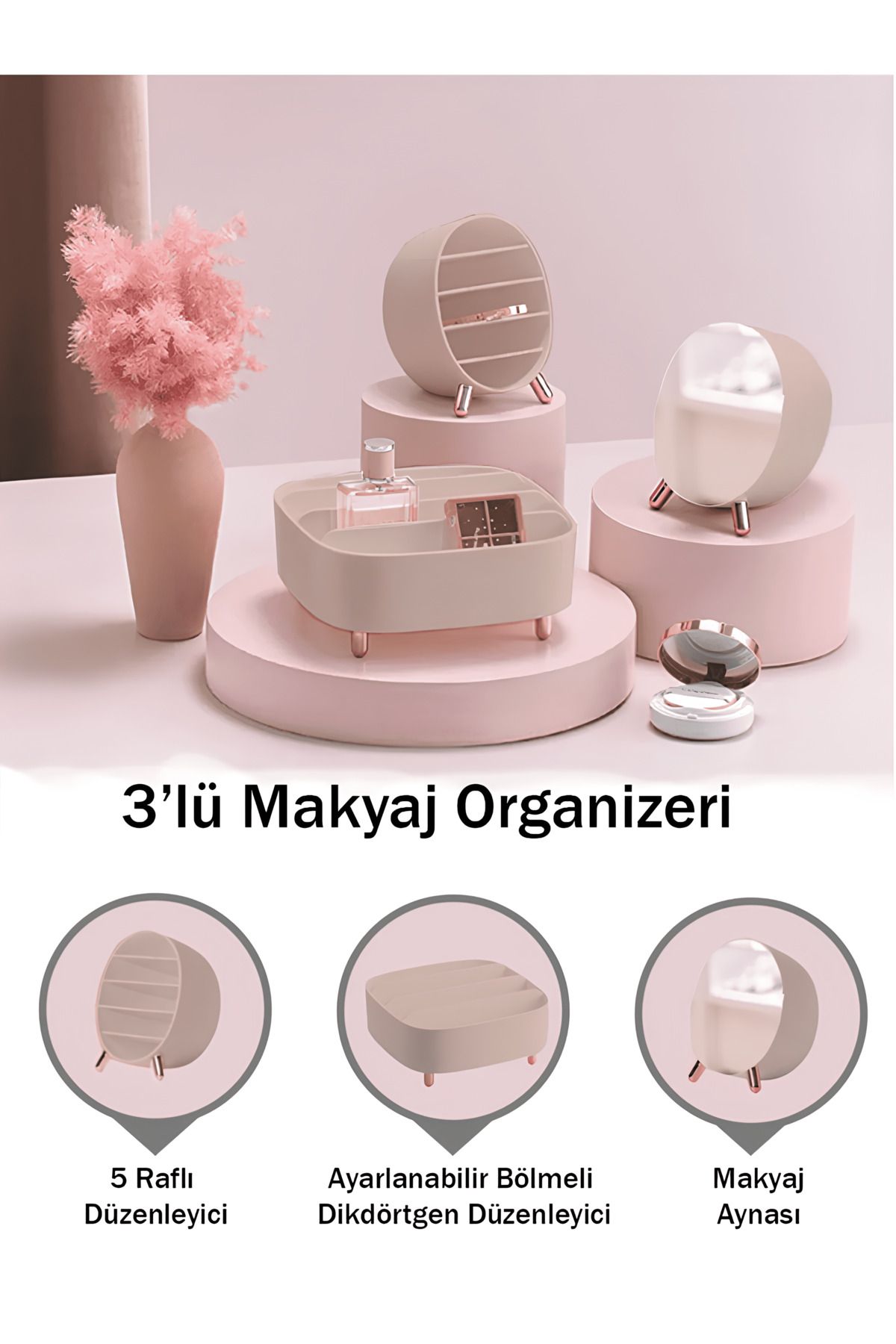 kitchen GRANDE 3 Parça Ayaklı Masa Üstü Takı & Rimel Oje Göz Kalemi Maskara Makyaj Seti