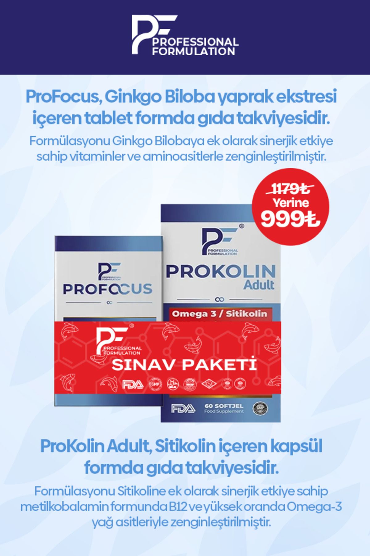 PF Sınav Paketi Sitikolin B12 Omega 3 Balık Yağı Avantajlı Paket Profocus Ve Prokolin