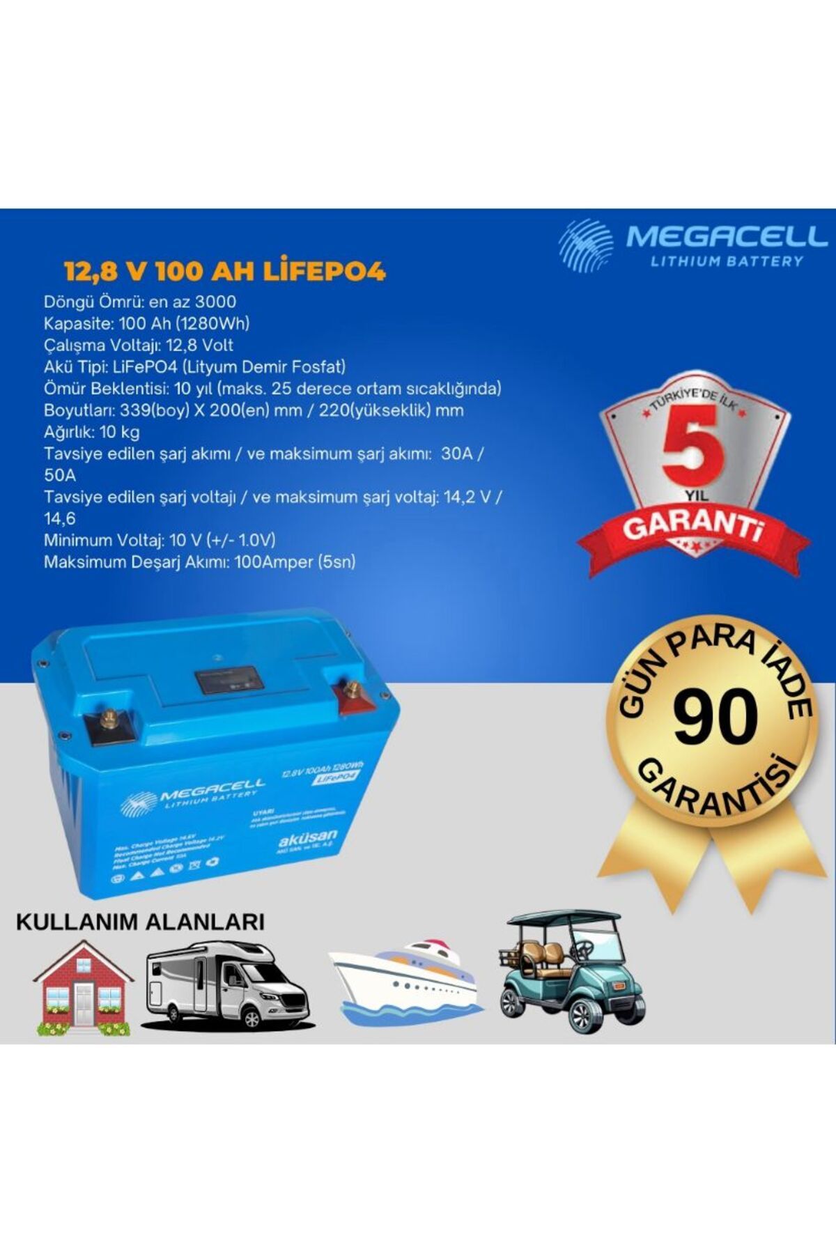 Megacell Megacel 12.8 Volt 100 Amper Lityum Akü Abs Kasa - 12.8 V 100 Ah Lıfepo4 1280 Wh