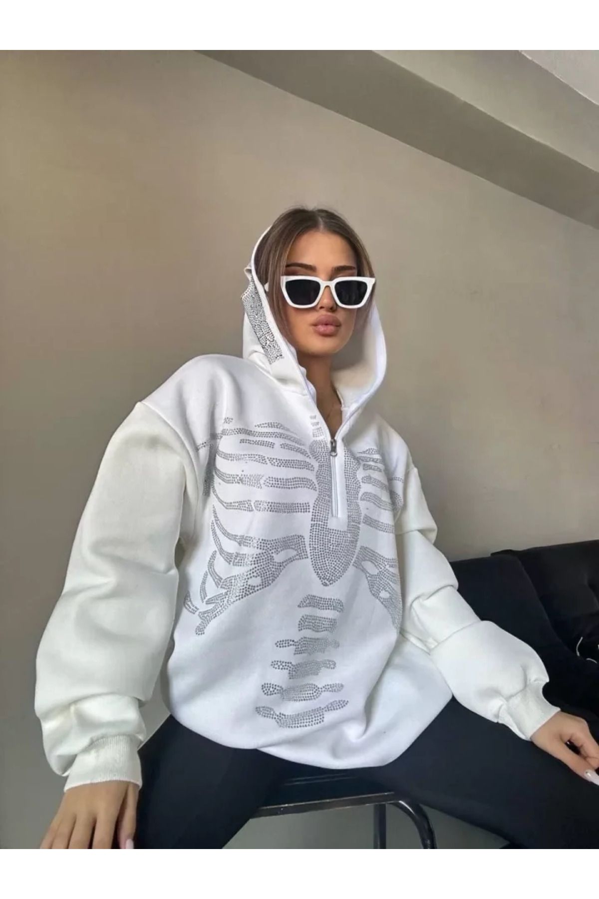 JANES Taşlı Zip Kapüşonlu Sweatshirt - Beyaz