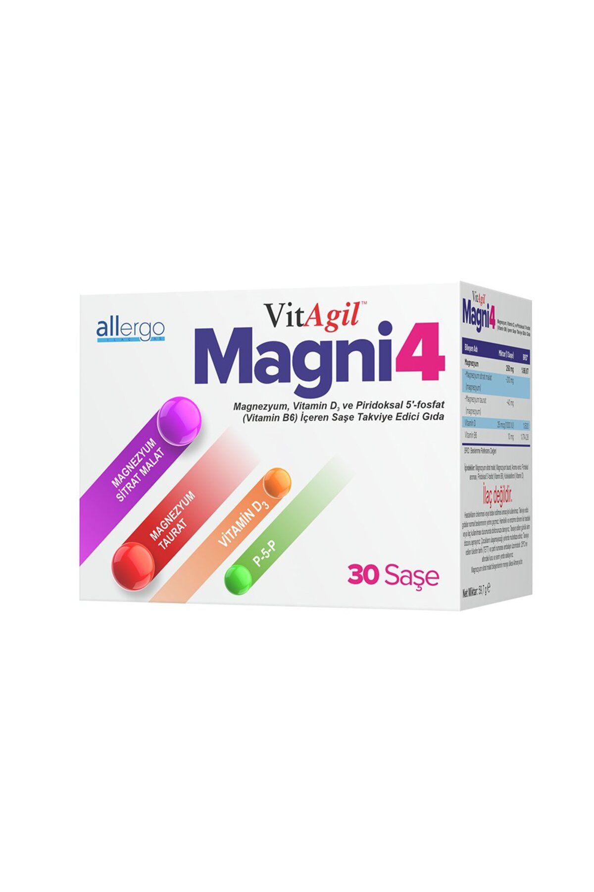 Allergo VitAgil Magni4 Magnezyum, Vitamin D3 ve Vitamin B6 İçeren 30 Saşe Takviye İçeren Gıda