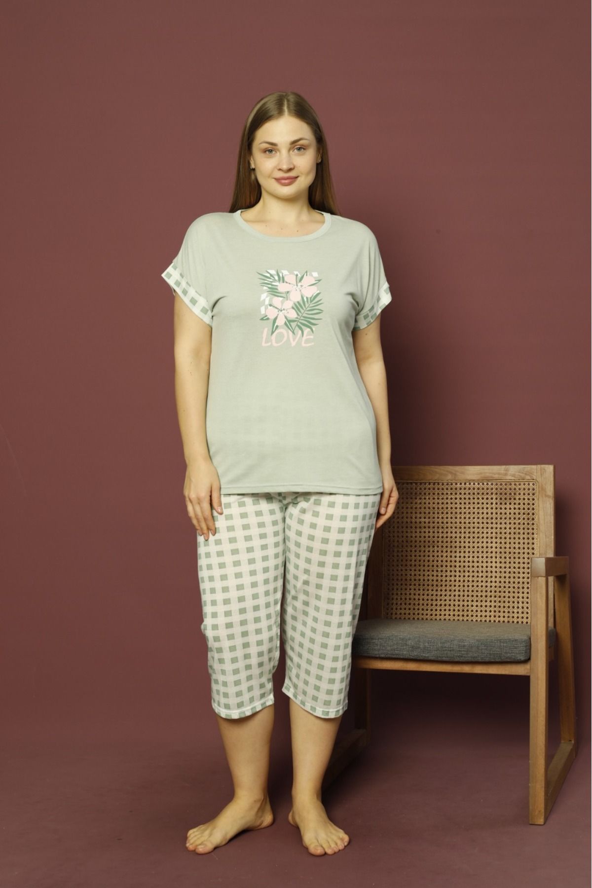 makkash %100 Pamuklu Büyük Beden Yeşil Love Desenli Battal Bermuda Kadın Pijama Takımı