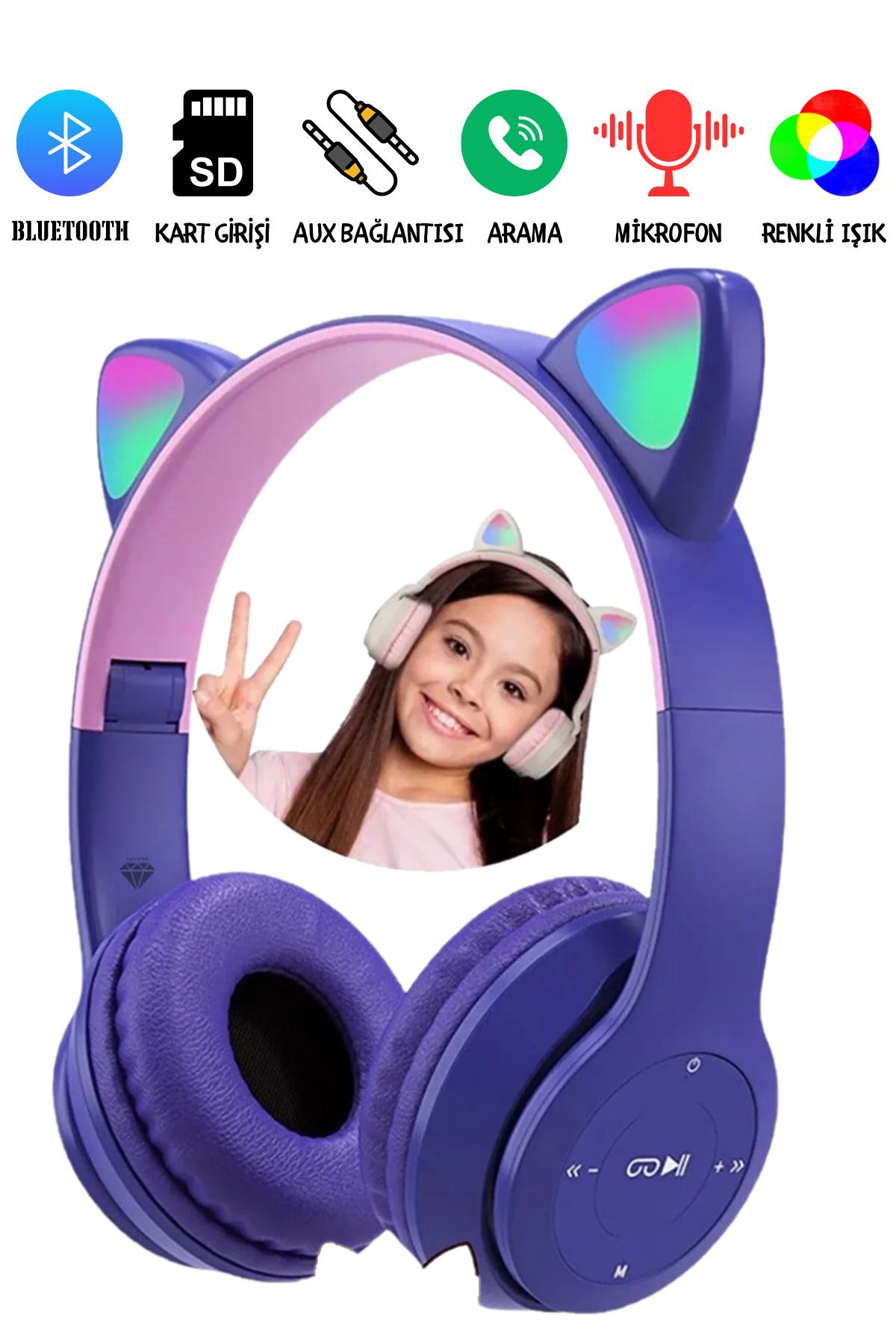 Bakeey Çocuk Kulaklık Kedi Kulak Mikronlu Hafıza Kartı Led Işıklı Aux Kedili Kablosuz Bluetooth Kulaklık