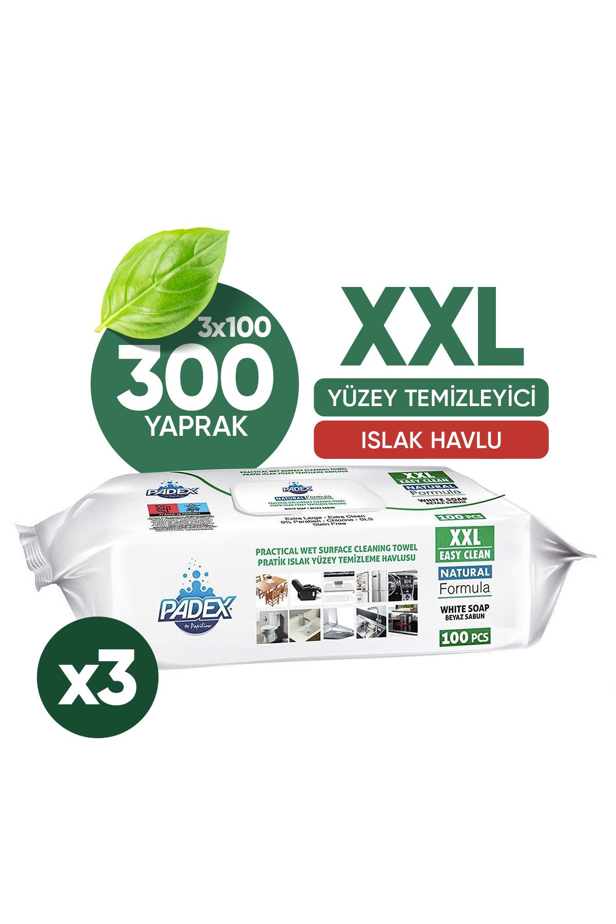 Padex 3'lü Easy Clean Xxl Beyaz Sabun Katkılı Naturel Formül 300 Geniş Yaprak
