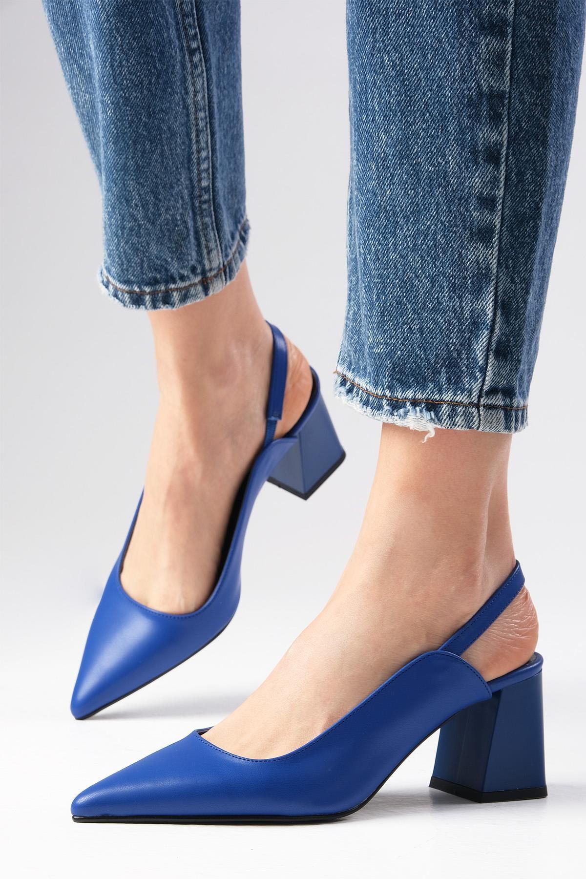 Mio Gusto Anette Saks Mavi Renk Sivri Burunlu Arkası Açık Kalın Topuklu Ayakkabı