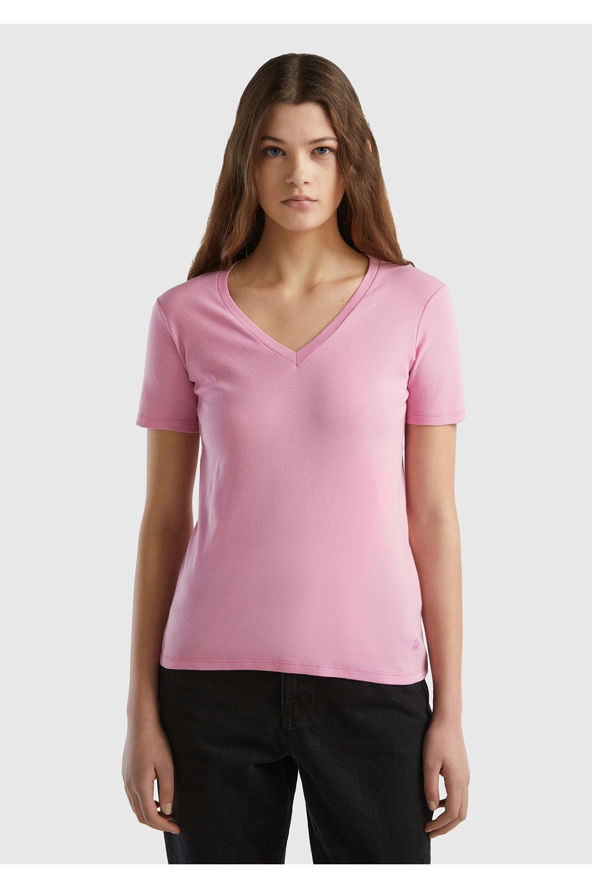 United Colors of Benetton Kadın Açık Pembe %100 Pamuk V Yaka Basic T-Shirt