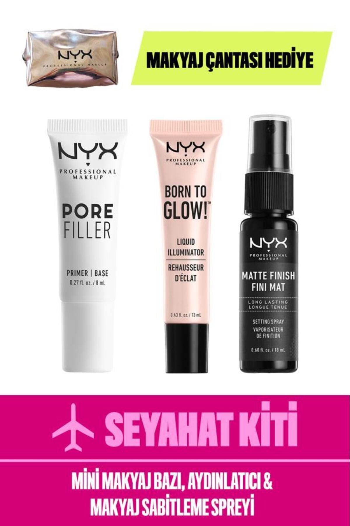 NYX Professional Makeup Seyahat Kiti - Mini Makyaj Bazı & Aydınlatıcı & Makyaj Sabitleme Spreyi & Çanta