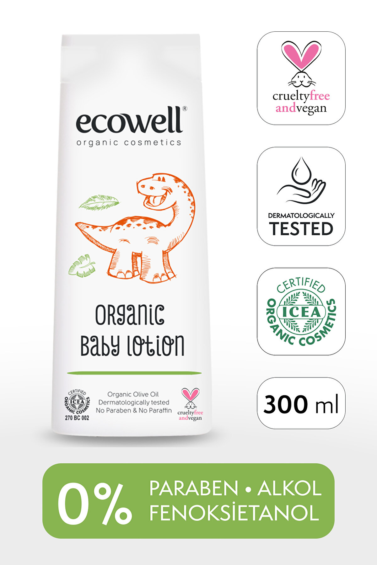 Ecowell Bebek Yüz Ve Vücut Losyonu, Organik & Vegan Sertifikalı, Doğal Nemlendirici Bebe Kremi, 300ml