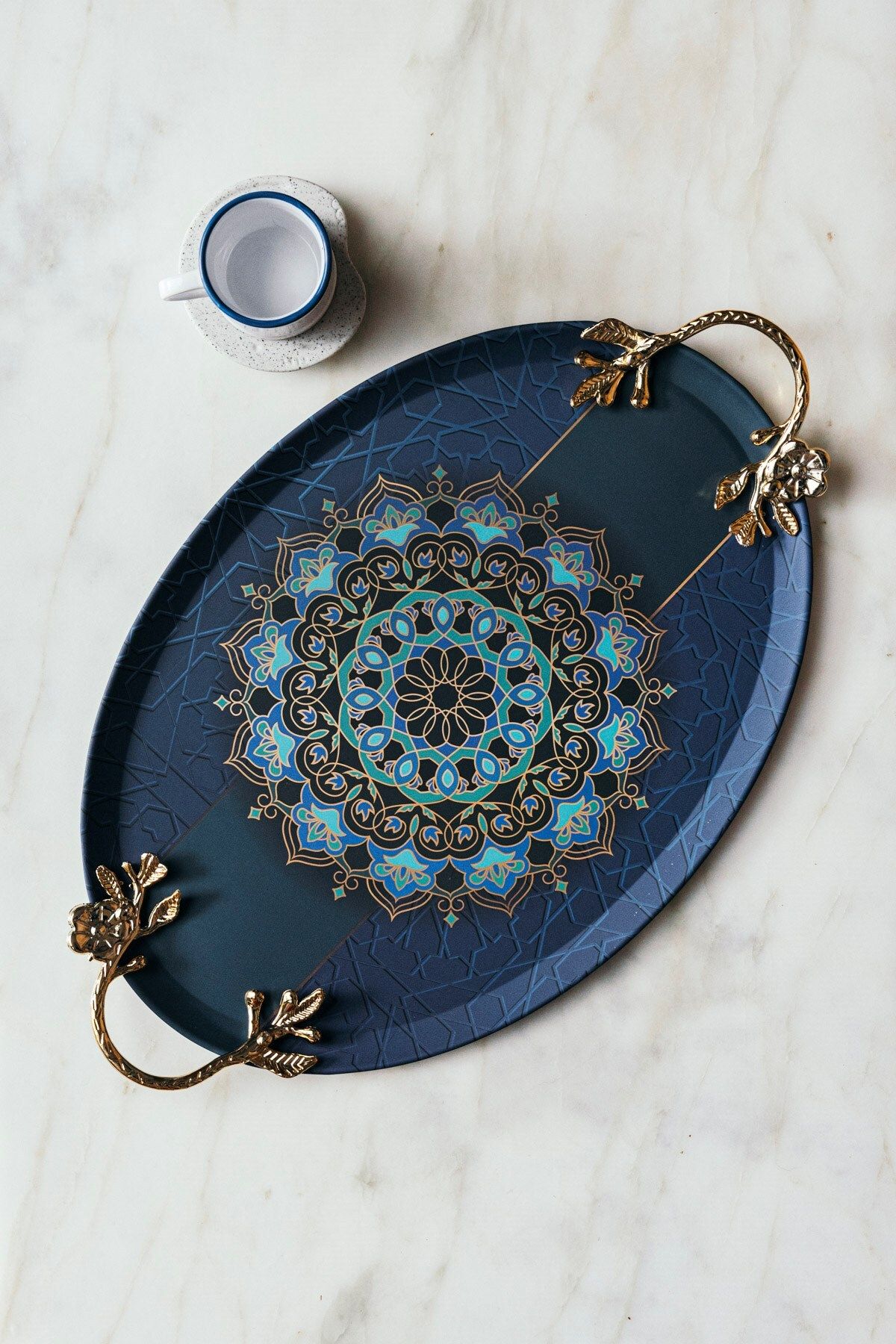 Arma House Altın Kulplu Mandala Motifli Elegans Metal Ramazan Tepsisi 40 Cm