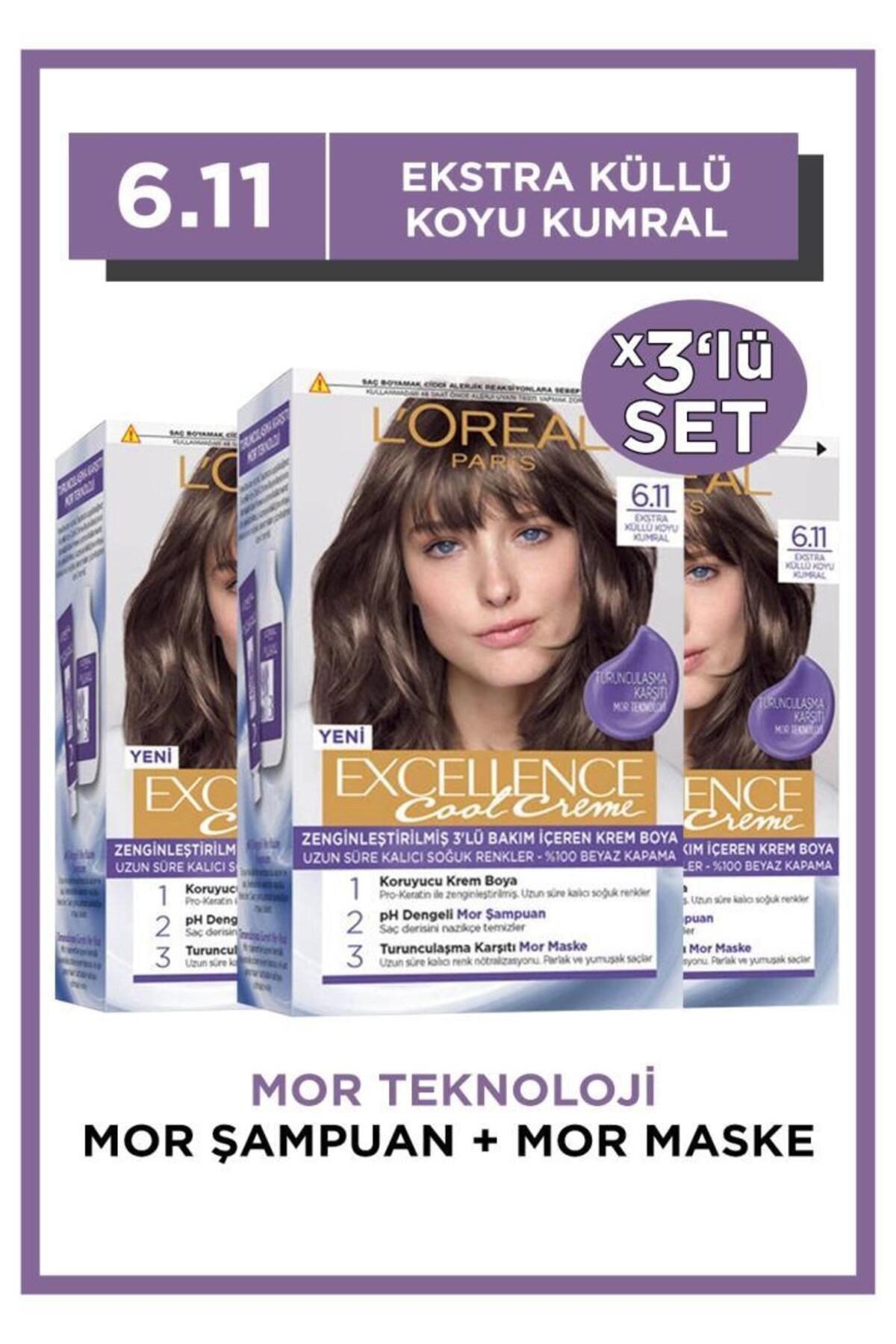 L'Oreal Paris L’oréal Paris Excellence Cool Creme Saç Boyası – 6.11 Ekstra Küllü Koyu Kumral 3'lü Set