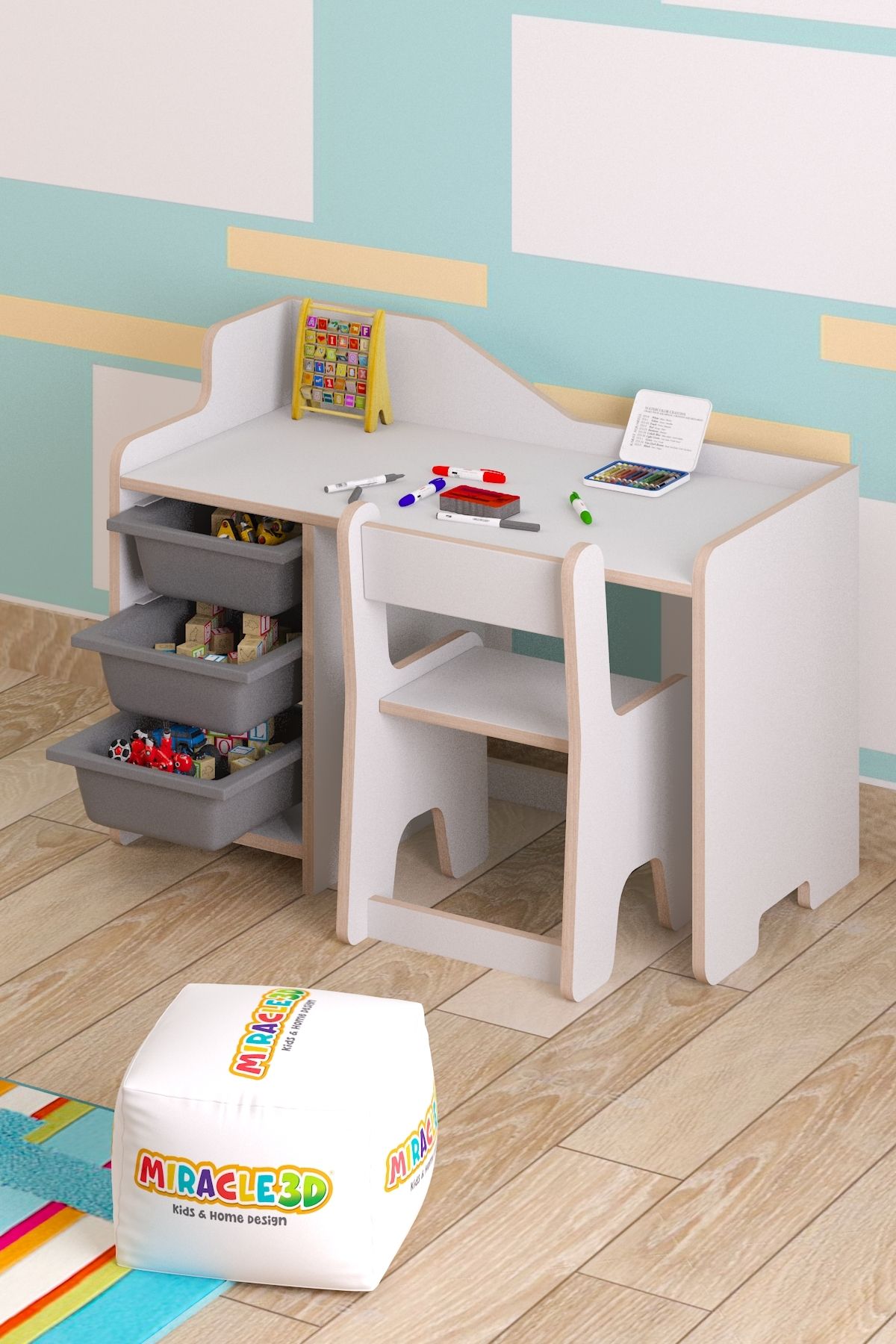 MİRACLE 3D Çocuk Çalışma Masası 90x45 Cm 3 Sepetli Çocuk Çalışma Masası Sırt Dayamalı Sandalye