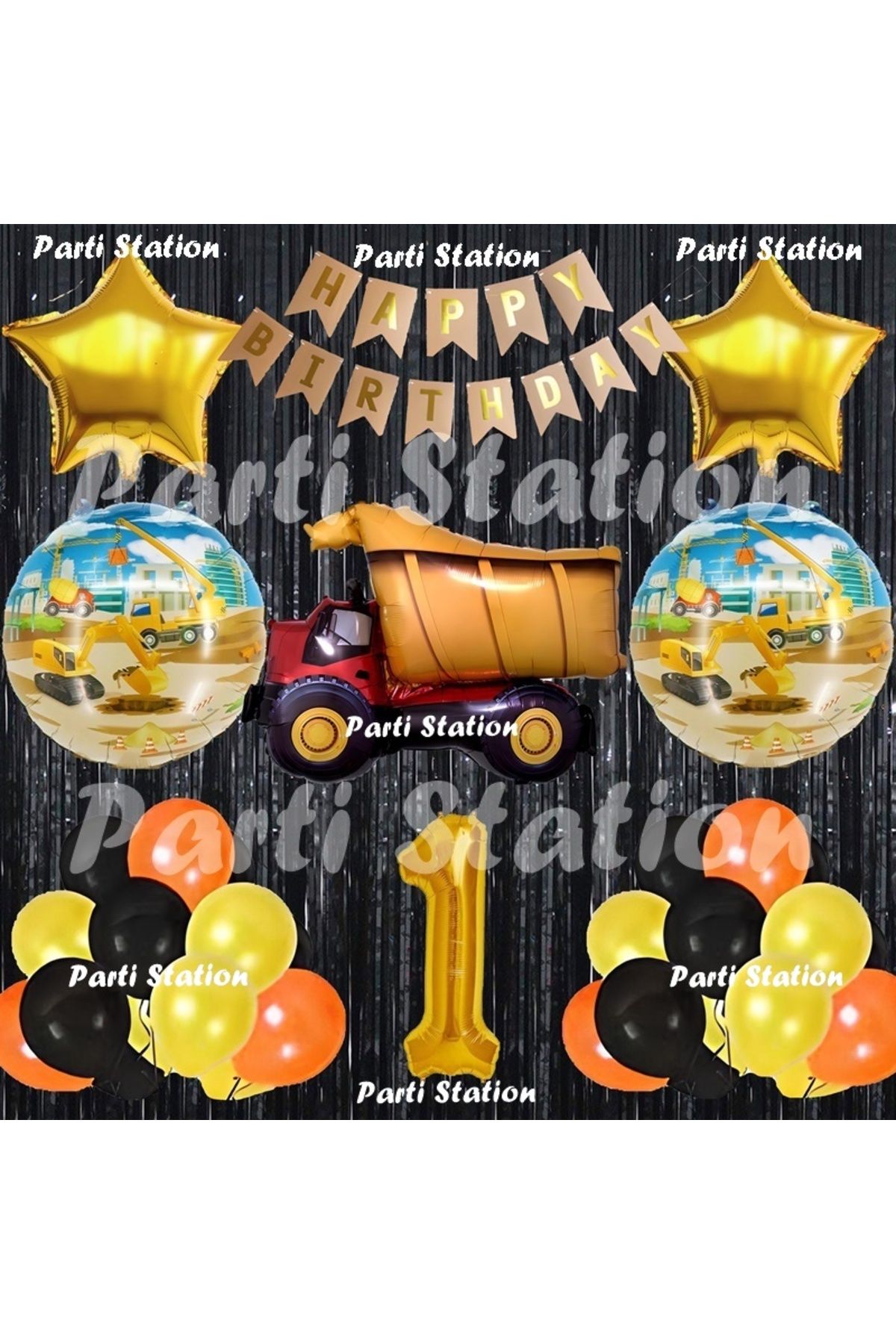 Parti Station İnşaat Konsept Kamyon Balon Set 1 Yaş Siyah İnşaat Tema Kamyon Doğum Günü Balon Set
