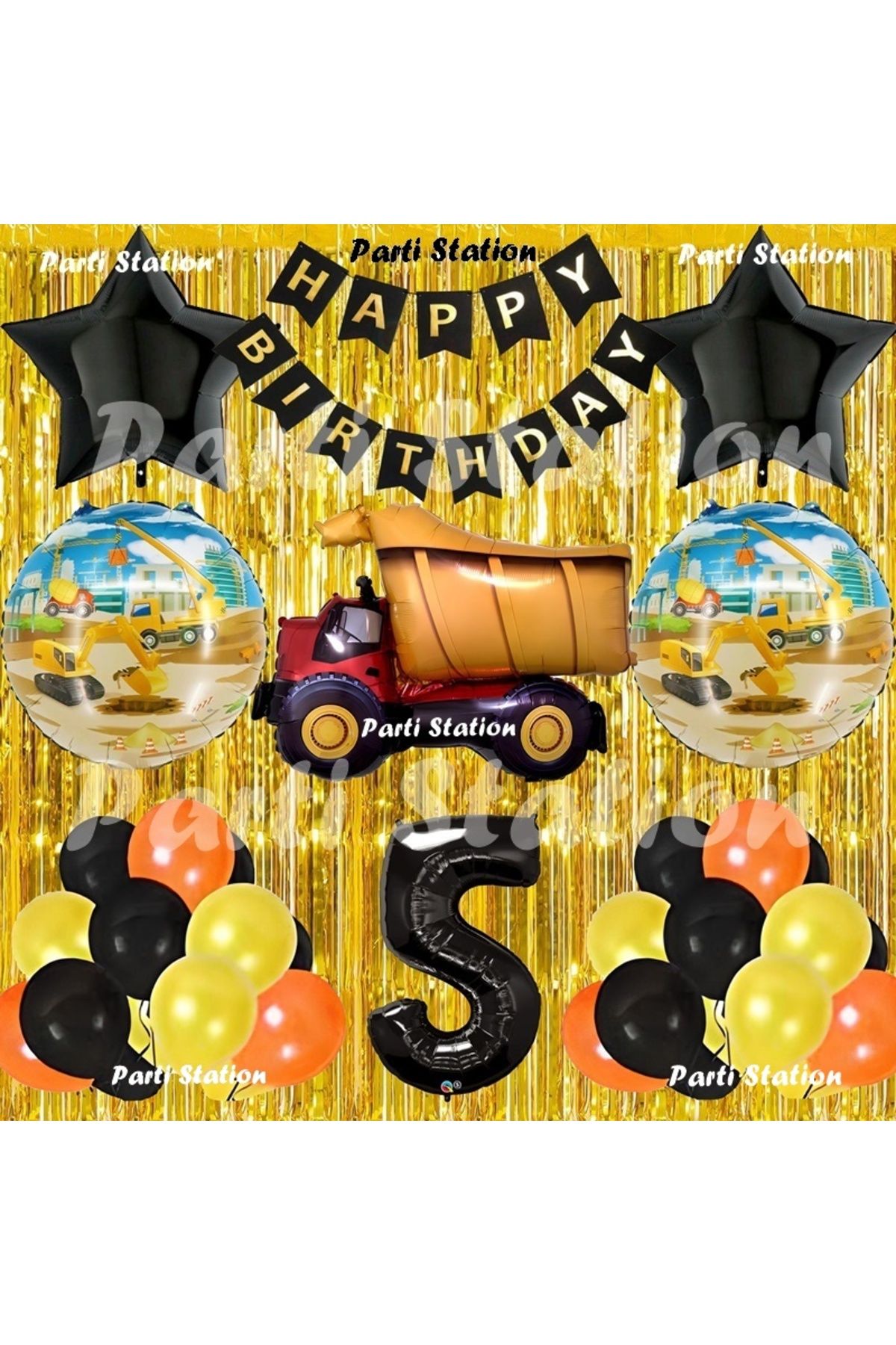 Parti Station İnşaat Konsept Kamyon Balon Set 5 Yaş Sarı Siyah İnşaat Tema Kamyon Doğum Günü Balon Set