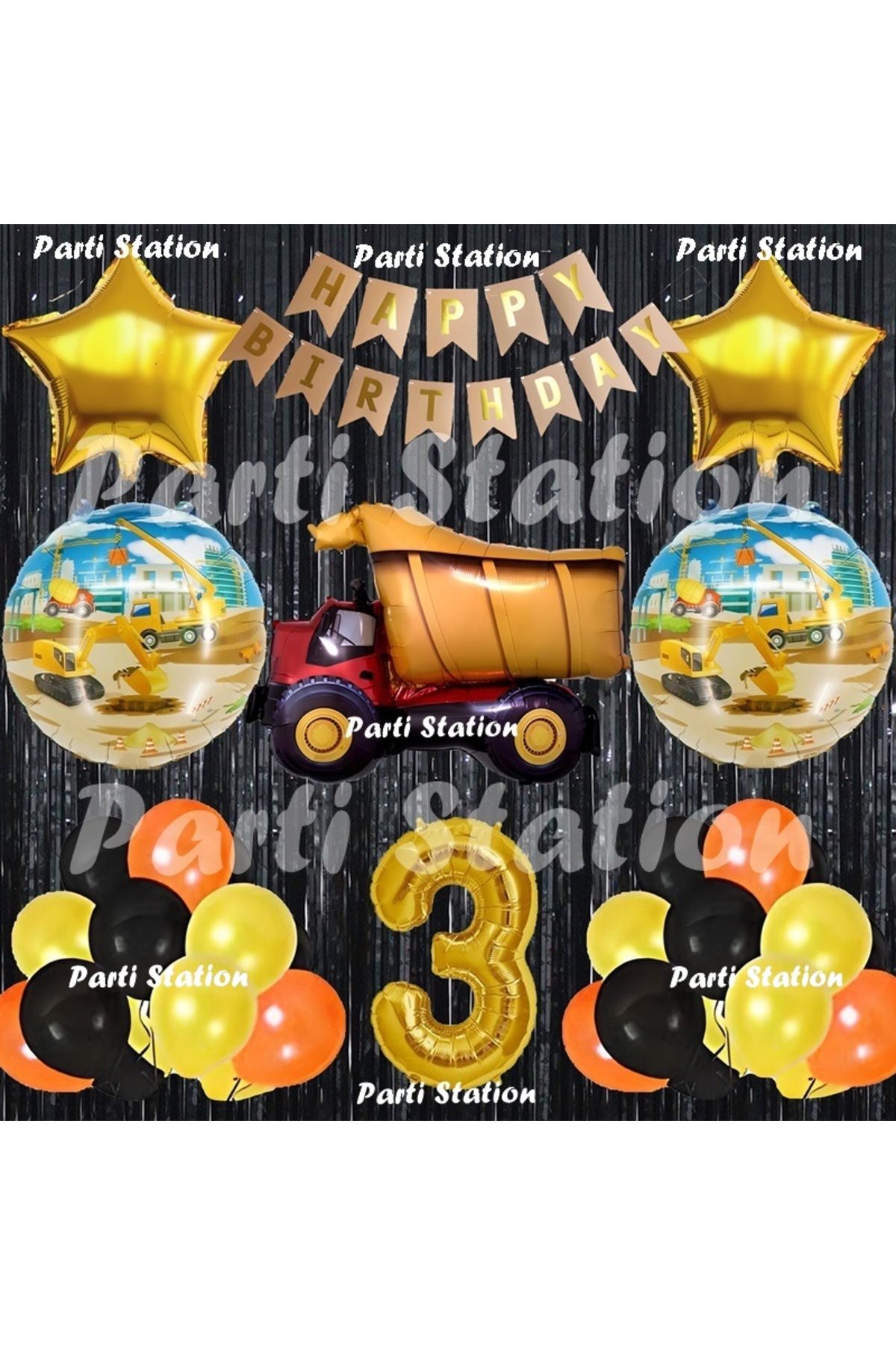 Parti Station İnşaat Konsept Kamyon Balon Set 3 Yaş Siyah İnşaat Tema Kamyon Doğum Günü Balon Set